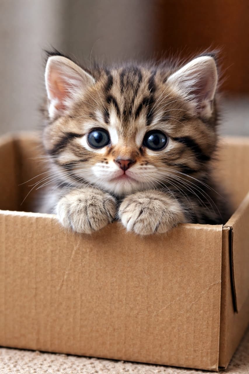 「ダンボールからひょっこり🐾 くりくりの大きな瞳で見つめられたら、もうメロメロ間違いなし！📦💖」Ultra-realistic high-quality photograph of a tabby kitten peeking out of a cardboard box, resting its paws on the edge, looking directly at the camera with large round eyes. ダンボール箱の中から顔を出し、縁に前足を乗せてこちらを見つめるキジトラの子猫。大きな丸い目とふわふわの毛並みが特徴的