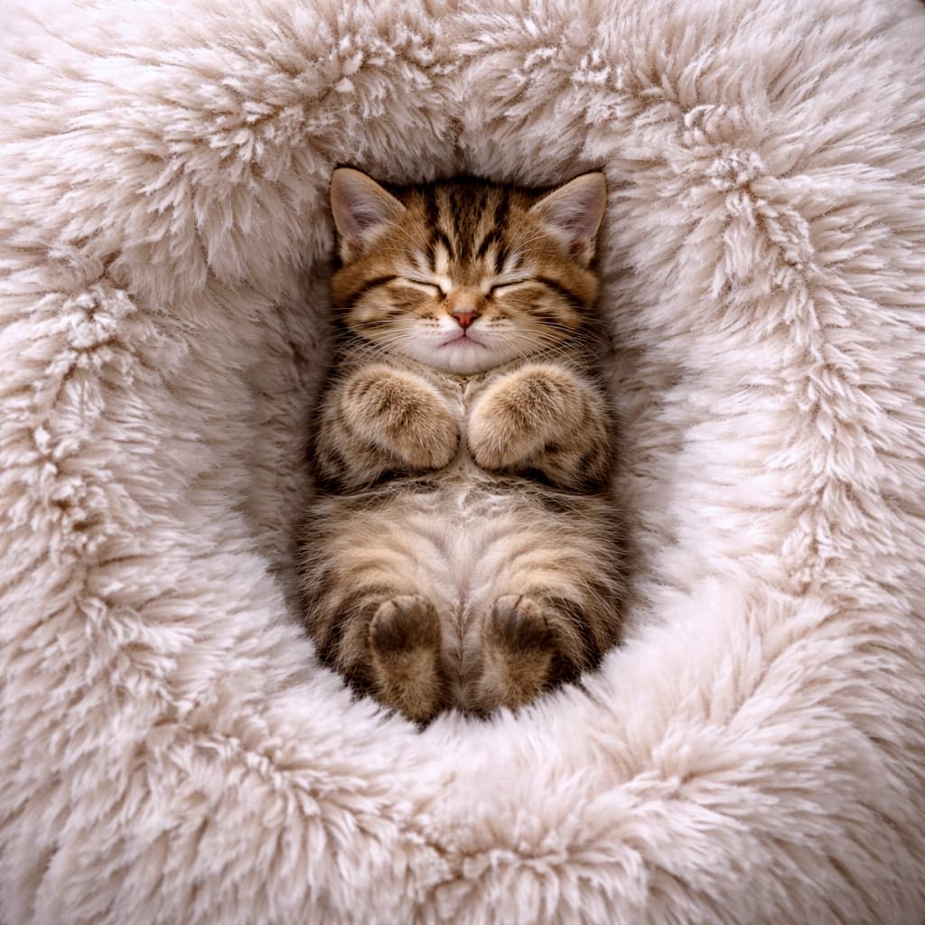 「もふもふベッドにすっぽり☁️✨ おててを胸に当てて眠るキジトラちゃんの寝顔が天使すぎます🥺💕」Ultra-realistic high-quality photograph of a cute brown tabby kitten sleeping on its back with its paws curled on its chest, snug inside a very fluffy beige pet bed. ふわふわのベージュ色のファーベッドにすっぽりと埋もれ、仰向けになって前足を胸の前にちょこんと揃えて眠るキジトラの子猫