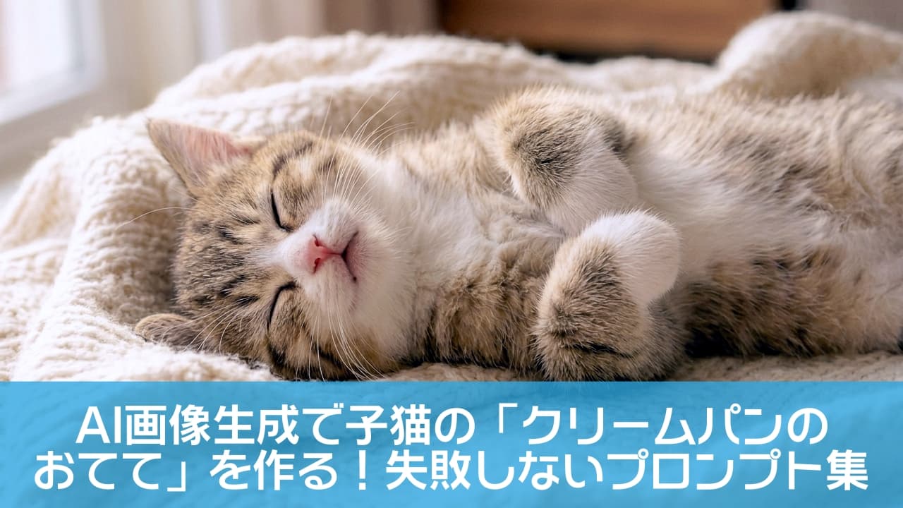 「完璧なへそ天とふわふわの収納パンチ🐾 優しい光に包まれて、夢の中の子猫ちゃん。全人類が癒やされる…🐈✨」A horizontal, ultra-realistic high-quality photograph of a tiny, cute brown tabby and white kitten, under 8 weeks old, sleeping peacefully on its back in a soft, beige knitted blanket. The kitten is in a 'heso-ten' position (sleeping on its back), with its front paws completely tucked inward on its chest, strictly hiding the paw pads and claws to form perfect, fluffy round spheres of fur. The kitten has its eyes closed, showing a vulnerable and serene sleeping expression. Gentle, warm, and soft natural sunlight streams in, illuminating the kitten and creating a cozy, emotional, and peaceful atmosphere. 水平構図のフォトリアリスティックな高画質写真。柔らかいベージュ色のニットブランケットの上で、生後8週間未満の小さなキジ白の子猫が仰向け（へそ天）になって眠っている。最大の特徴は、両前足が胸元で完全に内側に折りたたまれ、肉球や爪が一切見えず、まるで毛皮でできたふわふわの丸い球体（スフィア）のようになっている点。子猫は目を閉じ、無防備で安らかな寝顔。窓から差し込む優しい、暖かく柔らかい自然光が子猫を包み込み、心地よく平和でエモーショナルな雰囲気が漂っている情景