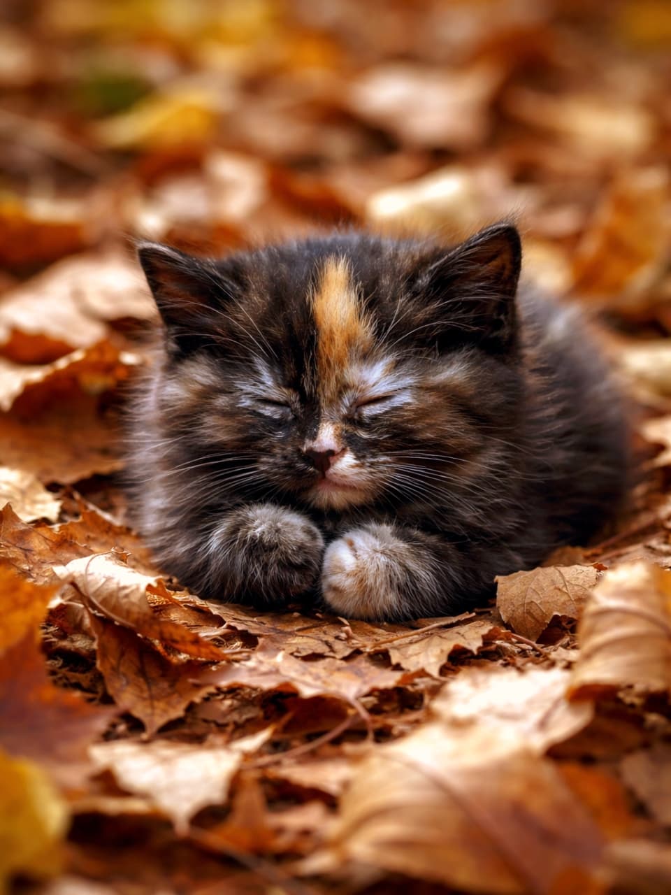 「落ち葉の絨毯でおやすみなさい💤 秋の深まりを感じる、サビ猫ちゃんの寝顔🍂」Ultra-realistic high-quality photograph of a tortoiseshell kitten sleeping with eyes closed on a bed of dry, brown, and orange autumn leaves on the ground. Its body is nestled among the leaves. 鮮やかな茶色やオレンジ色の乾燥した落ち葉が敷き詰められた地面で、目を閉じて眠るサビ猫（タートイズシェル）の子猫。体は落ち葉に埋もれるように丸まっている
