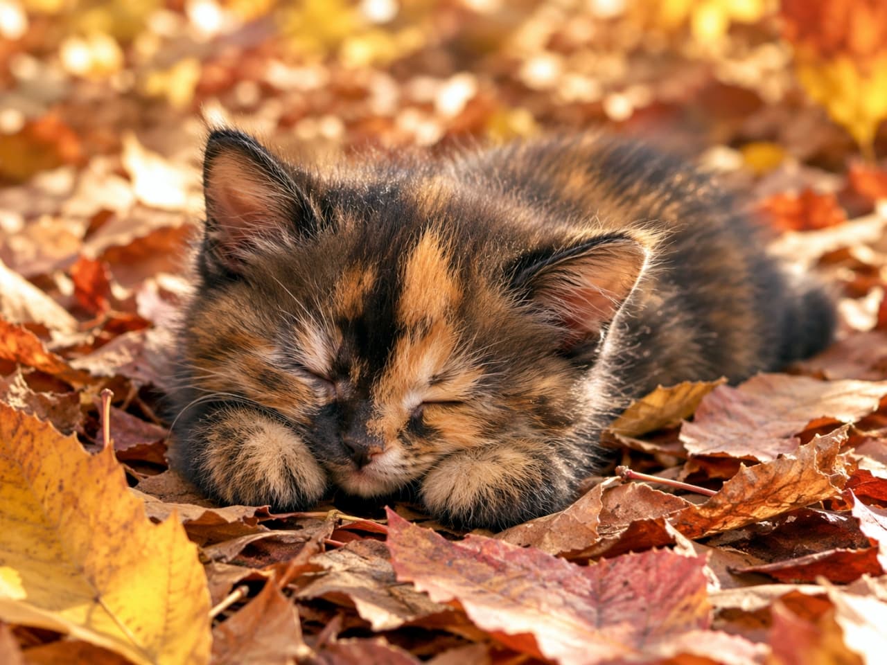 「秋の落ち葉のベッドでお昼寝中🍁🍂保護色になっちゃうサビ猫ちゃんの寝顔と、ちょこんと揃えたおててが最高です🌰✨」Ultra-realistic high-quality photograph of a tortoiseshell kitten sleeping peacefully nestled among colorful autumn leaves, illuminated by warm golden light, with its perfectly round paws tucked near its face. 赤や黄色に色づいた秋の落ち葉の絨毯の中で、目を閉じて心地よさそうに眠るサビ猫(べっ甲柄)の子猫。温かい秋の西日を浴び、顔の下には肉球が見えない丸い前足を隠している、季節感あふれる高画質な写真