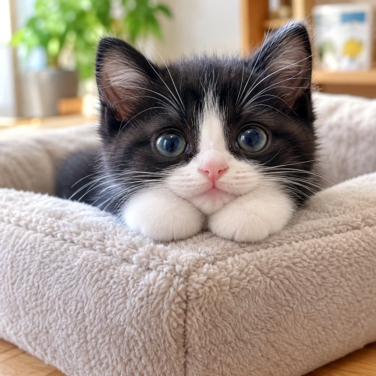 「そんな目で見つめられたら、お仕事が手につかなくなっちゃう🥺!クッションにあご乗せポーズのハチワレちゃん、計算された可愛さですね💕完璧なクリームパンおててにも注目です🐾」A black and white tuxedo kitten resting its chin on perfectly round paws joined together on the edge of a beige cushion, staring at the camera with very large blue eyes. ベージュの柔らかいクッションの縁に、ちょこんと両前足を揃えてあごを乗せている黒白のハチワレ子猫。顔の中心の白い模様とピンクの鼻が特徴的。非常に大きな青い瞳でカメラをじっと見つめている。背景には観葉植物がボケて写り込んでいる明るい写真