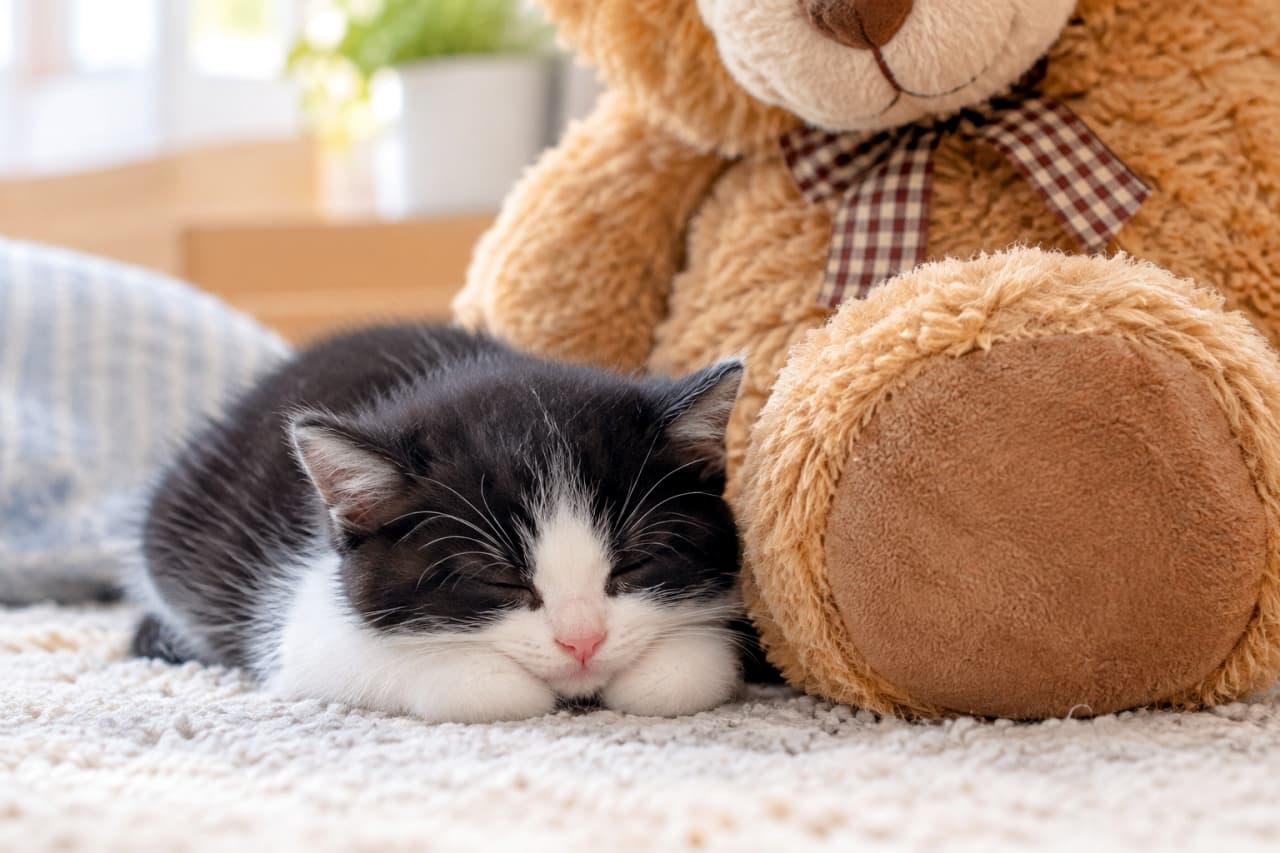 「大きなお友達のとなりで安心してお昼寝🧸💤 寄り添う姿と、まあるいおててに優しい気持ちになりますね🥰」Ultra-realistic high-quality photograph of a tiny black and white tuxedo kitten sleeping soundly on a shaggy white rug, snuggled up against the textured foot of a large brown teddy bear, with its round white paws tucked beneath its face. 白い毛足の長いシャギーラグの上で、大きな茶色のテディベアのぬいぐるみの足元に寄り添って眠る、黒白のハチワレ子猫。目を閉じて気持ちよさそうに丸くなっており、顔の下には肉球や爪が見えない白い丸い両前足をちょこんと添えている。ぬいぐるみのモコモコした質感と、子猫の柔らかな被毛が対比されている高画質な写真