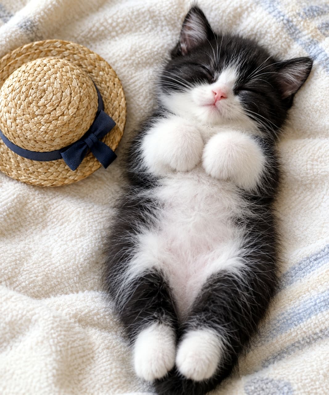 「小さな帽子を添えて、夢のなかの大冒険へ👒💤「ヘソ天」でおねむするハチワレちゃんと、ギュッと握ったようなおててが尊すぎます🥺💕」Ultra-realistic high-quality photograph of a tiny tuxedo (black and white) kitten sleeping peacefully on its back on a textured white blanket, beside a miniature straw hat with a navy blue ribbon. Its round, white paws are folded tightly together on its chest in an "praying" gesture, showing a completely relaxed and secure posture, captured under bright, natural daylight. 白いタオル地のブランケットの上で、仰向け(ヘソ天)になって気持ちよさそうに眠る黒白のハチワレ子猫。顔の左側には、青いリボンがついた小さなミニチュアの麦わら帽子が置かれている。胸の前で「お祈り」をするように、肉球や爪が見えない丸くて白い両前足をギュッと揃えている。ふっくらとしたお腹と、下に伸ばされた後ろ足の白い先が愛らしい、明るい自然光に満ちた高画質な写真