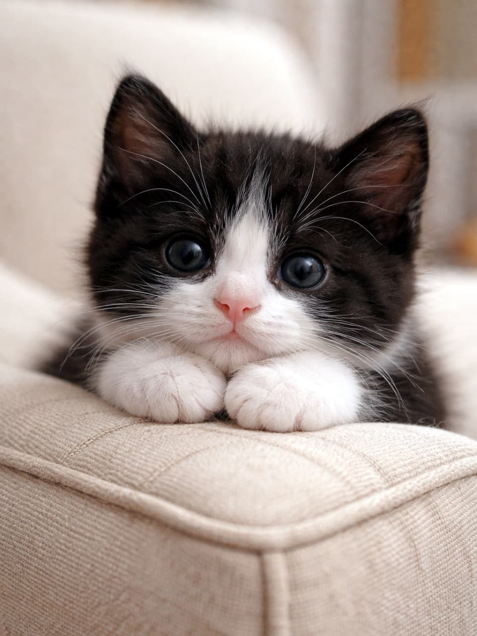 「ソファの特等席でリラックス🛋️ 揃えた白手袋みたいなおててがとってもキュートです🖤🤍 #ハチワレ猫」Ultra-realistic high-quality photograph of a tuxedo kitten relaxing on a beige sofa, resting its chin and lovely round paws on the edge. ベージュのソファの縁に顎と前足を乗せてくつろぎ、こちらを見つめるハチワレ（タキシード）の子猫。くっきりとした白黒模様と丸い前足が可愛い写真