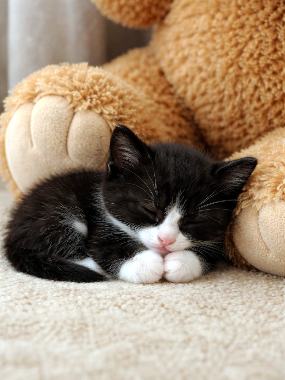 「大きなクマさんはボクのボディーガード🧸💕 ぬくぬくに包まれて安心しきった寝顔がたまらないニャ💤」Ultra-realistic high-quality photograph of a tiny black and white tuxedo kitten sleeping peacefully curled up next to the large paw of a fluffy brown teddy bear. 大きな茶色いテディベアの足元に寄り添い、前足をあごの下に揃えて安心しきった表情で眠る黒白のハチワレの子猫