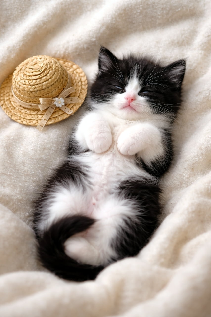 「小さな麦わら帽子と一緒におやすみニャン💤 へそ天で無防備に眠る姿から、夏休みのリラックス気分をお裾分け🍉✨」Ultra-realistic high-quality photograph of a black and white tuxedo kitten sleeping peacefully on its back on a soft white blanket, with a miniature straw hat placed next to it. 柔らかな白いブランケットの上で仰向け（へそ天）になって気持ちよさそうに眠る白黒（ハチワレ）の子猫。すぐ横には小さな可愛らしい麦わら帽子が添えられている