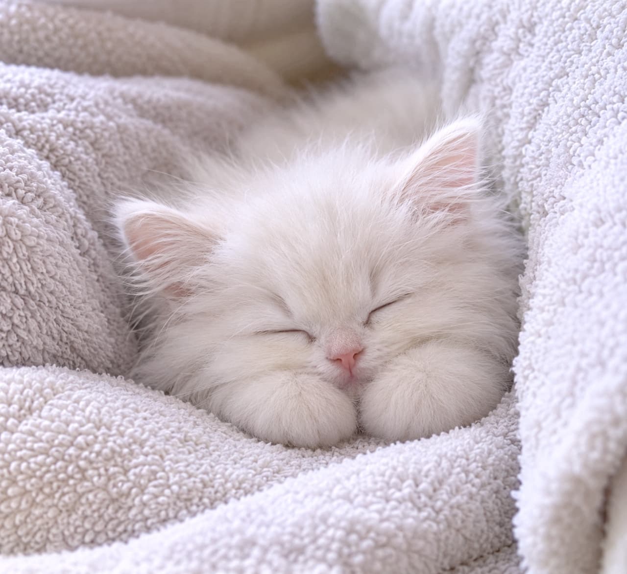 「タオルの海でスヤスヤ夢の中💤ふんわりおててを顔に添えた寝顔が天使すぎて、ずっと見ていたくなりますね👼✨」Ultra-realistic high-quality photograph of a pure white fluffy kitten sleeping peacefully wrapped in a textured beige towel, resting its chin on perfectly round paws. ベージュのふかふかしたタオル地のおくるみに包まれ、幸せそうに眠る長毛種の真っ白な子猫。目を閉じ、顔の下には肉球が見えない完璧なクリームパンのような丸い両前足をちょこんと添えている高画質な写真