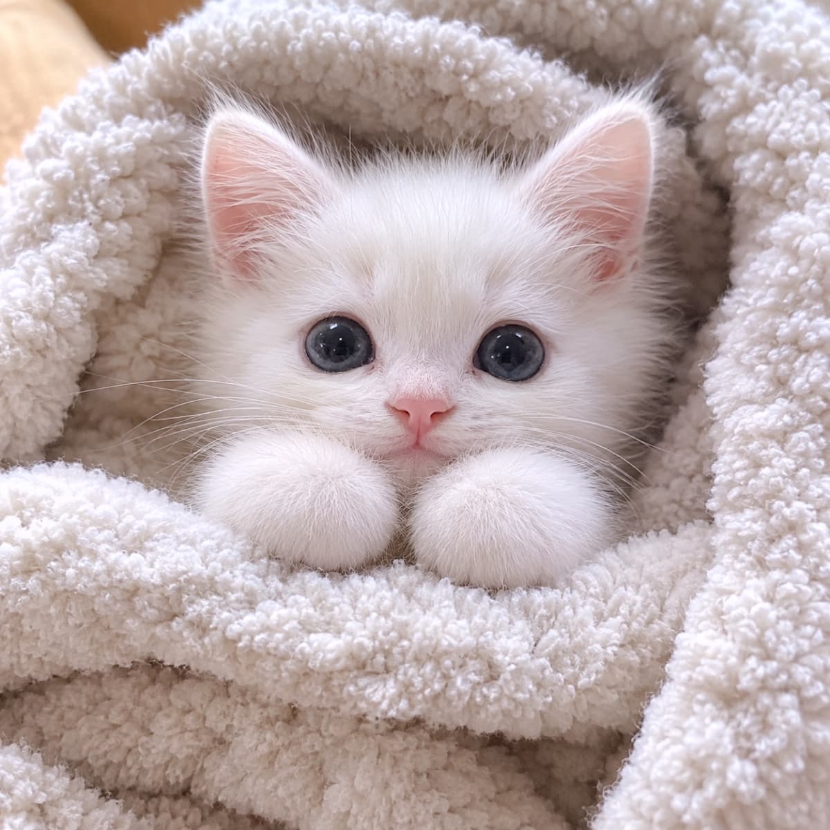 「この天使のような眼差し反則すぎる🥺💕ふわもこ毛布からひょっこり顔を出した白猫ちゃんに心奪われちゃう人続出の予感…!癒し効果絶大の一枚✨」Close-up photograph of a pure white kitten with big blue eyes, wrapped snugly in a fluffy white faux fur blanket, peeking out with its perfectly round paws. ふわふわの白いボア毛布に包まれ、顔とクリームパンのような丸い前足だけを出している真っ白な被毛の子猫。大きな青い瞳で真正面を見つめている。ピンクの鼻と耳が愛らしく、柔らかな光が全体を包み込むクローズアップ写真