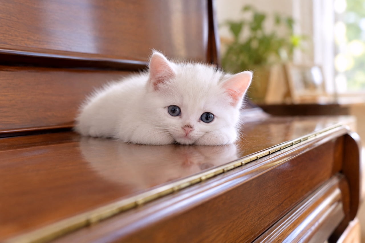 「艶やかな木製のピアノの上で、ちょこんと伏せている小さな白い子猫。ふわふわおててに癒されます😌💕」Ultra-realistic high-quality photograph of a pure white kitten resting on the polished, dark wood surface of a piano, gently gazing forward with deep blue eyes. Its soft, round paws are resting on the glossy wood, which captures a faint, beautiful reflection. A warm, indoor setting with blurred greenery in the natural daylight creates an intimate and serene atmosphere. 艶やかに磨かれたダークブラウンの木製ピアノ(または家具)の上で、低く伏せている真っ白な子猫。透き通るような青い瞳で正面をじっと見つめている。ピンクがかった小さな鼻と、楽器の表面に揃えられた肉球や爪の見えないふわふわで丸い両前足が愛らしい。ピアノの光沢のある表面に子猫の白い姿がかすかに反射している、落ち着いた光の中の写真。背景には室内植物が柔らかくボケている