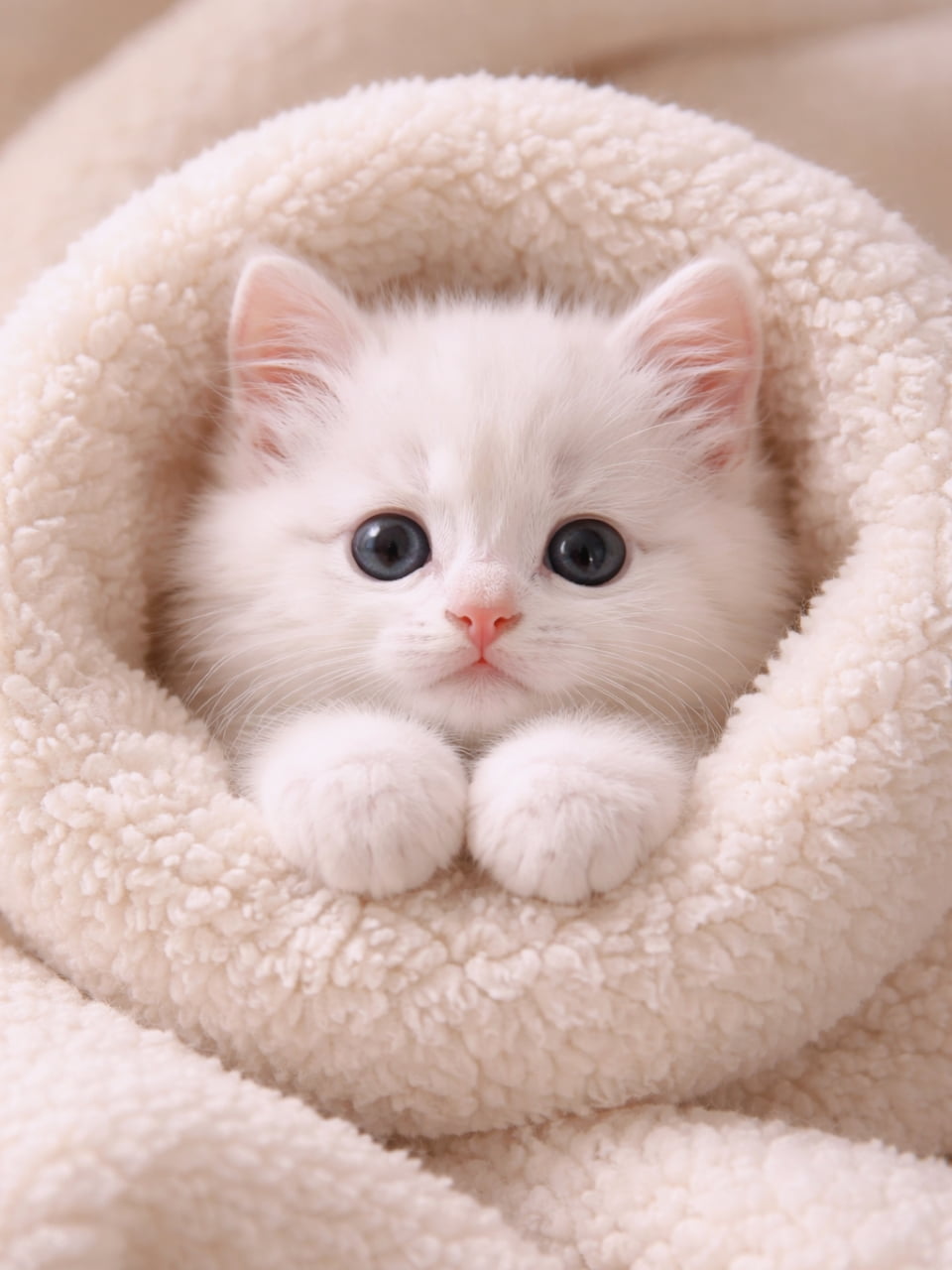 「マシュマロみたい！白い毛布に包まれた白い猫ちゃんの破壊力が凄すぎる🍼✨」Ultra-realistic high-quality photograph of a fluffy white long-haired kitten with deep blue eyes. The kitten is nestled inside a cozy, shaggy white fleece blanket, poking its head and tiny paws out of a round opening. The texture of the blanket and the kitten's fur are sharp. 白いモコモコした質感のブランケットに包まれた、青い目をした真っ白な長毛子猫。ブランケットの丸い穴から顔と小さな前足を出し、カメラを見つめている
