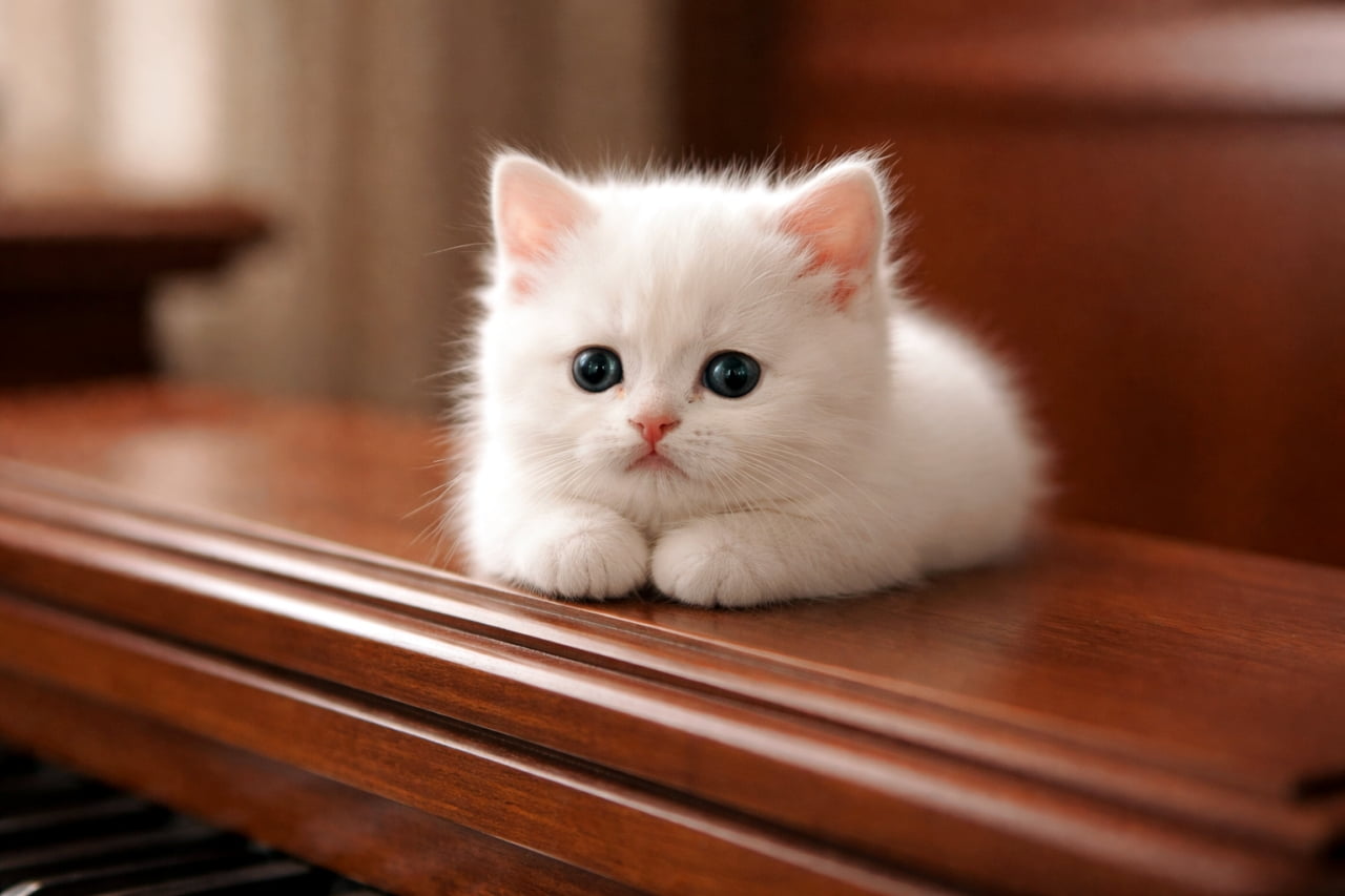 「艶やかな木製ピアノと真っ白な子猫のコントラストが美しすぎる✨ 気品あふれる小さな妖精さんのお出ましです🐈🤍」Ultra-realistic high-quality photograph of a fluffy white kitten sitting on a polished wooden surface, looking at the camera with big dark eyes, creating a beautiful contrast with the wood. 艶やかな木製のピアノの上に前足を揃えて座り、大きな瞳でカメラを見つめる真っ白な子猫。高級感のある木目と白い毛並みのコントラストが美しい