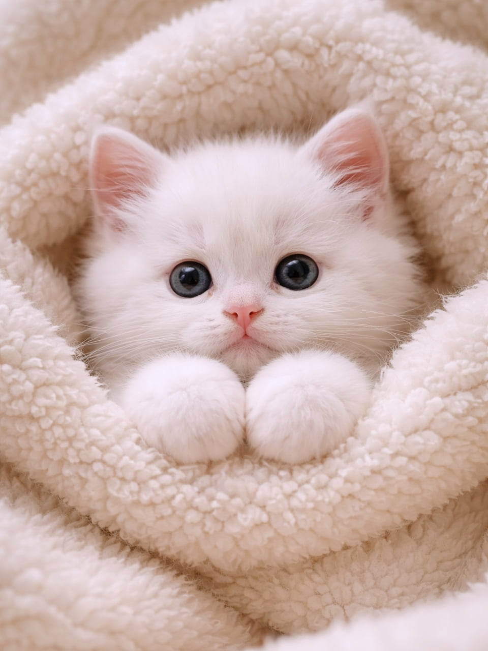 「もこもこ毛布からこんにちは☁️ 真っ白なクリームパンのおててがたまらなく愛おしいです🤍 #白猫 #にゃんすたぐらむ」Ultra-realistic high-quality photograph of a white kitten wrapped in a fluffy white blanket, staring with big blue eyes and showing its adorable round paws. もこもことした白い毛布にすっぽりと包まれ、大きな青い瞳でこちらを見つめる白猫の子猫。ちょこんと出た丸い前足が印象的なポートレート