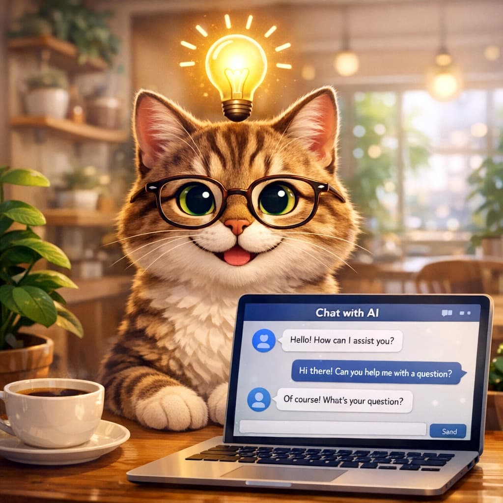 「AIと対話中に「名案ニャ！」とひらめいた瞬間をパシャリ💡メガネが似合うインテリ猫ちゃん、コーヒーを片手に今日も知的活動中☕️✨」A high-quality 3D animated style illustration of a smart-looking tabby cat wearing round glasses, sitting at a wooden table in a sunlit, cozy cafe. A glowing yellow lightbulb floats above its head, symbolizing a moment of inspiration. In front of the cat is a white cup of coffee and an open laptop showing a friendly AI chat interface with message bubbles. The background is softly blurred, showing indoor plants and warm cafe lighting. 日差しが差し込む居心地の良いカフェで、丸メガネをかけた賢そうなトラ猫がテーブルに座っている高品質な3Dアニメ調のイラスト。猫の頭上にはひらめきを象徴する黄色い電球が光っています。手前には白いカップのコーヒーと、メッセージバブルが表示された親しみやすいAIチャット画面のノートパソコンが置かれています。背景は柔らかくぼかされ、観葉植物や温かい照明が描かれています