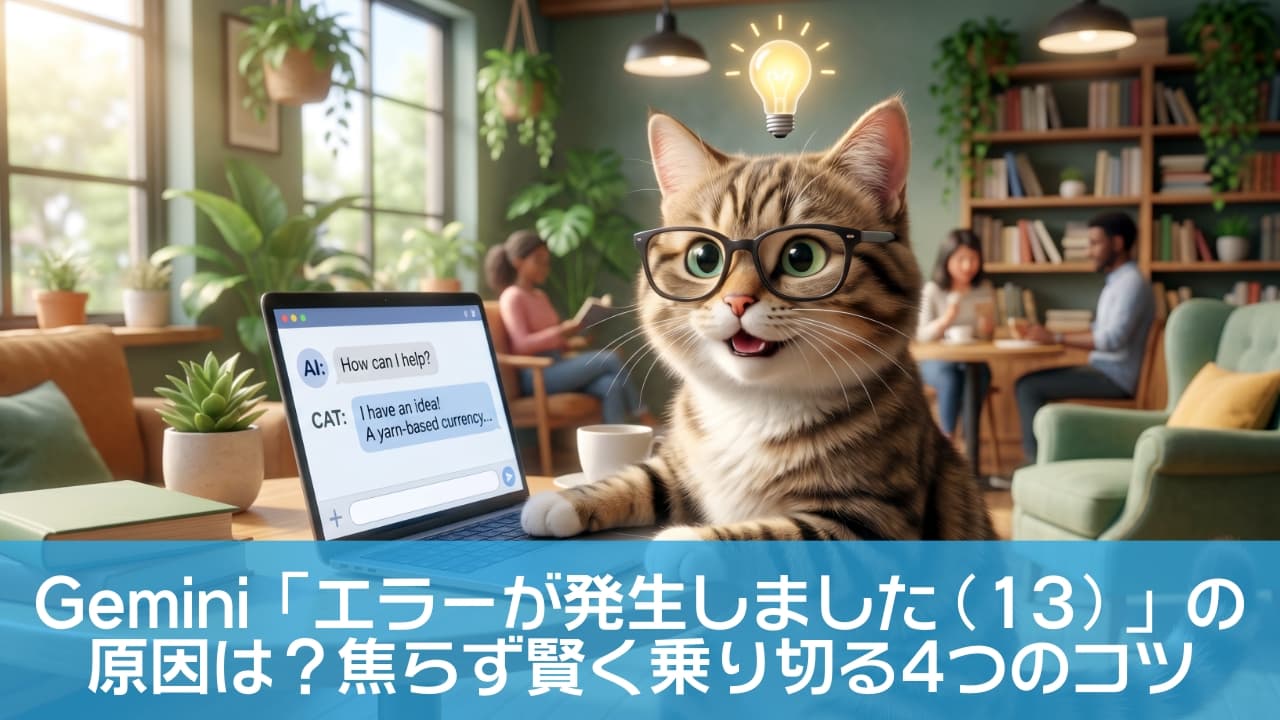 「「通貨は毛糸にするニャ！」と新経済圏を提案する天才猫現る🐈👓 広いカフェでバリバリ働く姿は、もはや一流の起業家ですね🐾🧶」A wide-angle 3D animated scene of a cute cat with glasses typing on a laptop in a bright, spacious cafe filled with plants and bookshelves. A glowing lightbulb above its head indicates a creative idea. The laptop screen displays a unique chat where the cat proposes a "yarn-based currency" to the AI. In the background, people are relaxing at tables, and large windows let in soft natural light, creating a professional yet cozy atmosphere. 植物や本棚に囲まれた明るく広々としたカフェで、メガネをかけた可愛い猫がノートパソコンを操作しているワイドサイズの3Dアニメシーン。猫の頭上には電球が輝き、創造的なアイデアを思いついたことを示しています。画面のチャット欄には「毛糸ベースの通貨」という斬新な提案が打ち込まれています。背景では人々がくつろぎ、大きな窓から差し込む光がプロフェッショナルかつ温かい雰囲気を演出しています