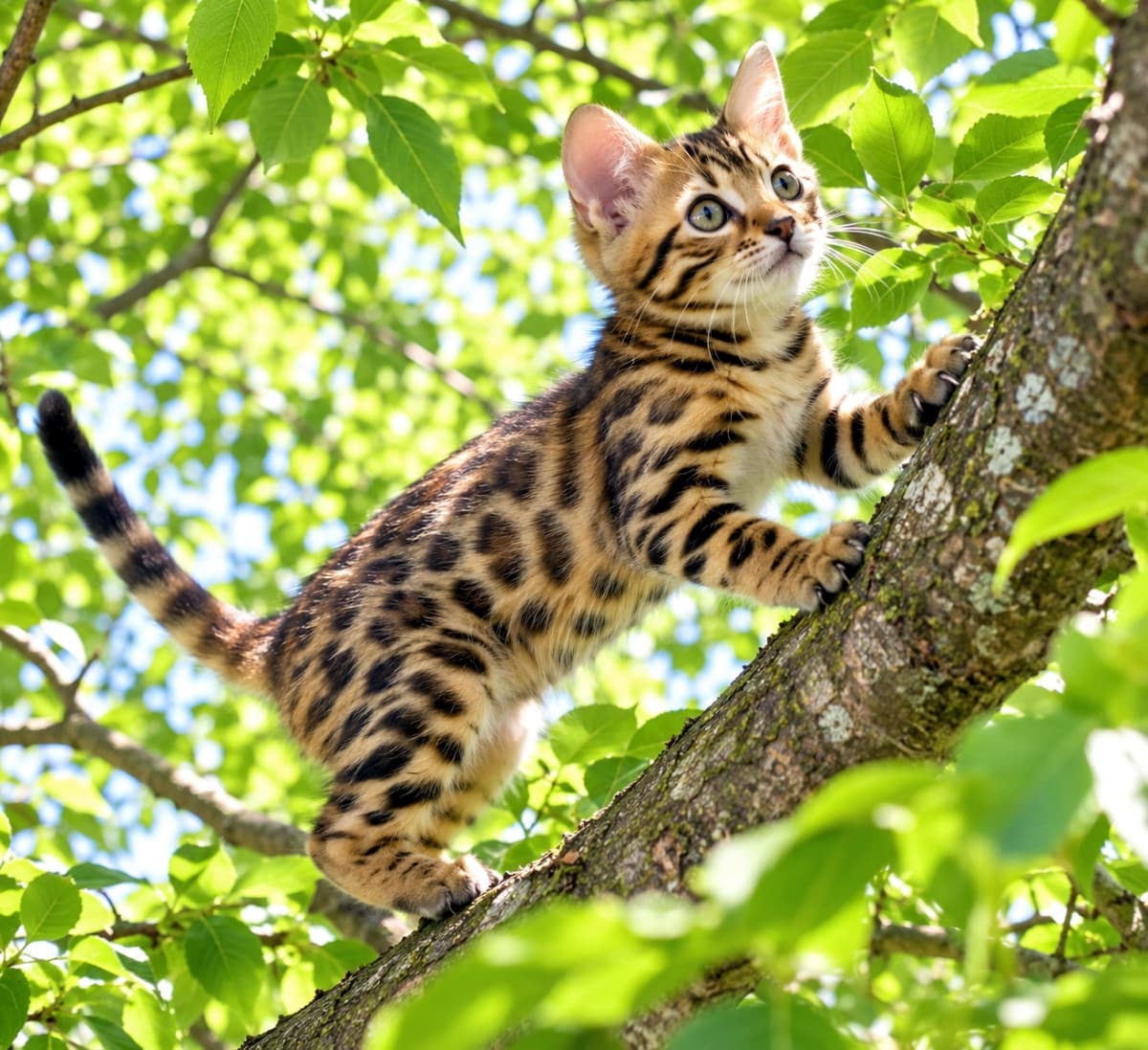 「高いところまで大冒険ニャ!🌳🐾新緑の中でキラキラ輝く瞳と元気いっぱいな姿に、パワーをもらえますね✨」Ultra-realistic high-quality photograph of an energetic Bengal kitten climbing up a tree branch surrounded by lush, sunlit green leaves of early summer. The kitten features striking leopard-like rosettes, sharp claws gripping the bark, and bright hazel eyes looking upward into the vibrant natural canopy. 初夏の瑞々しい新緑と木漏れ日が輝く樹上で、斜めに伸びた木の幹を元気いっぱいに登るベンガル子猫。野性味あふれる美しいロゼット模様と艶やかな毛並みを持ち、爪を幹に立てて澄んだヘーゼルの瞳で生き生きと上を見上げる。透き通るような緑葉と爽やかな自然光が、生命力あふれる躍動感を鮮明に描き出す情景