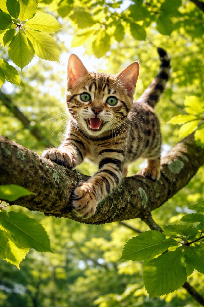 「木登り大成功！元気いっぱいのベンガルちゃん、カメラに何か言いたそう？🐾 冒険心全開にゃ！🌿」Ultra-realistic high-quality photograph of a Bengal pattern kitten standing confidently on a thick tree branch covered with lush green leaves. The kitten has its mouth open, looking as if it is meowing or calling out, while gazing directly at the camera. 鮮やかな緑の葉が茂る木の太い枝の上に、ベンガル柄の子猫が立っている。口を開けて、まるで鳴いているか、カメラに話しかけているかのような表情で、カメラを見上げている。前足を一歩踏み出している