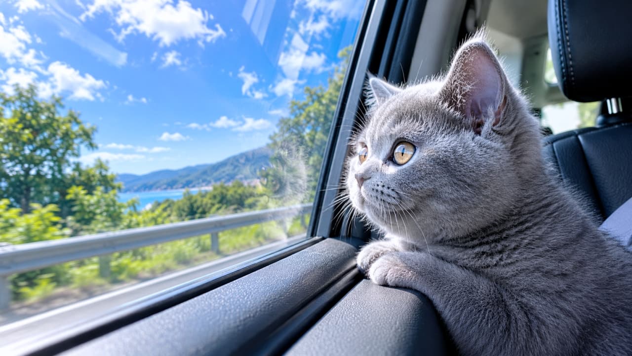 「次の景色は何ニャ?🚗💨窓の外をじっと見つめる輝く瞳に、ドライブがもっと楽しくなりますね🐾🌿」Ultra-realistic high-quality photograph of a curious British Shorthair kitten looking out of a car window on a road trip, resting its soft grey paws on the door trim and gazing with clear amber eyes at the blue sky and green trees under bright, cinematic natural daylight. 晴れ渡る青空と緑の景色が広がるドライブ中、車の窓枠に両前足をかけて外を眺めるブリティッシュショートヘアの灰色子猫。密度の高い柔らかなブルーの被毛と輝く琥珀色の瞳を持ち、窓ガラスの美しい反射光と差し込む自然光が、旅のワクワク感を爽やかに引き立てる情景