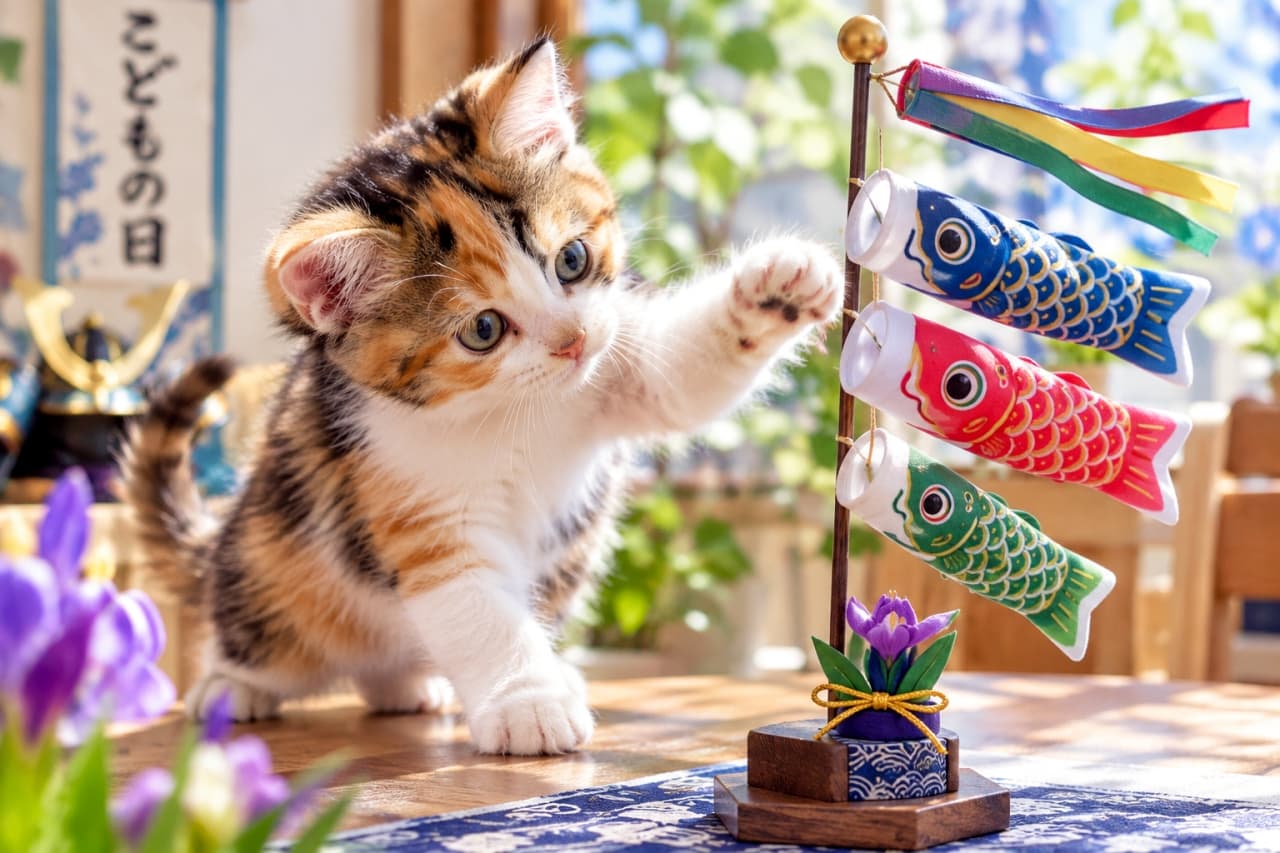 「お魚さん見つけたニャ!🎏🐾小さな前足を伸ばして夢中で遊ぶ姿に、見ているだけで元気がもらえますね✨」Ultra-realistic high-quality photograph of a playful calico kitten reaching its paw toward a miniature koinobori carp streamer on a wooden table, featuring soft tricolor fur and sparkling green-blue eyes under vibrant natural spring sunlight, with purple iris flowers and traditional Children's Day decor in the background. 明るい春の光が差し込む部屋で、木製テーブル上のミニチュア鯉のぼりに右前足を伸ばして遊ぶ日本猫風の愛らしい三毛子猫。白と黒、鮮やかな茶色の斑模様の柔らかな毛並みに、好奇心で輝く青緑色の瞳が印象的。手前の紫の菖蒲の花や左奥の「こどもの日」の掛け軸、窓から注ぐ温かな自然光が、端午の節句の爽やかな賑わいを鮮明に描き出す情景