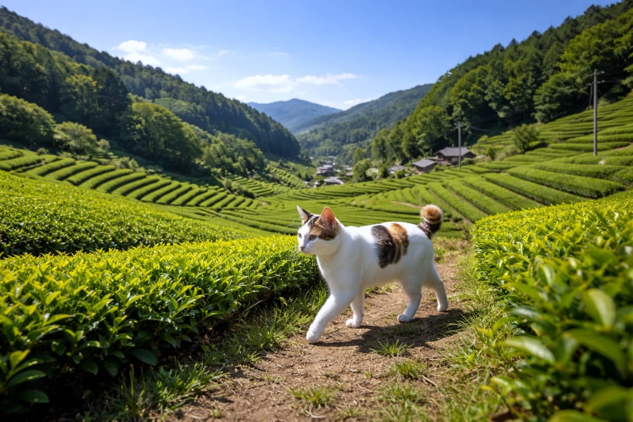 「茶畑のパトロール隊長、出動ニャ!🫡🍵青空と鮮やかな緑のコントラストが美しい、爽やかな一枚です🌿🐈」Ultra-realistic high-quality photograph of a calico cat walking proudly on a dirt path amidst a beautifully manicured, lush green tea plantation under a blue sky. In the background, distant mountains and a small village can be seen. 青空の下、美しく手入れされた緑豊かな茶畑の間の土の道を堂々と歩く三毛猫。背景には遠くの山々と小さな集落が見える、奥行きのあるリアルで高画質な風景写真