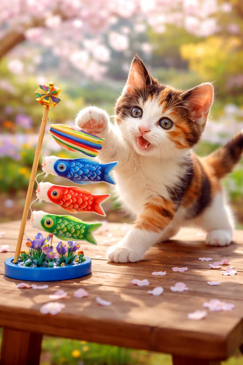 「えーい、捕まえちゃうニャ！🐾 小さな鯉のぼりに夢中な三毛猫ちゃんの無邪気な姿にキュンキュン💕」Ultra-realistic high-quality photograph of an adorable calico kitten playing and reaching its paw out to a miniature koinobori toy on a wooden table, with beautiful pink spring flowers blurred in the background. 木のテーブルの上に置かれた卓上サイズの鯉のぼりのおもちゃに向かって、楽しそうに前足を伸ばして遊んでいる三毛猫の子猫。背景にはピンク色の春の花が美しくボケている
