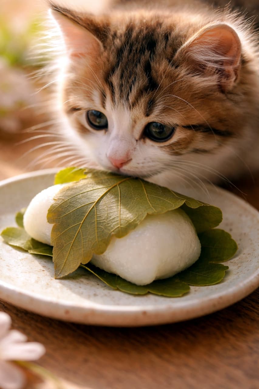 「クンクン…これはなににゃ？🍵 柏餅に興味津々な三毛猫ちゃん。春の味覚を一緒に楽しみたいにゃ🌸🌸」Ultra-realistic high-quality photograph of a calico kitten curiously smelling a white Kashiwa mochi (rice cake wrapped in an oak leaf) served on a small ceramic plate. Pale pink cherry blossoms (sakura) are softly in focus in the background. 三毛猫の子猫が、和菓子用の小皿に盛られた緑色の葉で巻かれた白い柏餅を、好奇心旺盛にクンクンと匂いを嗅いでいる様子。背景には淡いピンク色の桜の花がぼんやりと咲いている
