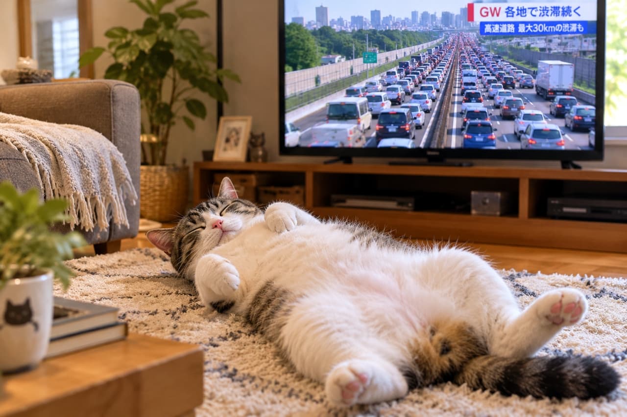 「外は大渋滞でもお家の中は極楽ニャ〜💤無防備なへそ天寝姿に、連休の疲れも一瞬で吹き飛びますね🐾🛋️」Ultra-realistic high-quality photograph of a chubby tabby-and-white cat sleeping peacefully on its back in the "heso-ten" pose on a cozy rug, showcasing fluffy white fur and pink paw pads, contrasted humorously against a background TV screen showing a crowded holiday highway traffic jam under warm living room lighting. 落ち着いたリビングの柔らかな照明の下、毛足の長いラグの上で無防備に仰向け(へそ天)になって目を閉じ熟睡するキジ白猫。ふっくらとした白いお腹とピンクの肉球、茶と黒の縞模様が愛らしく、背景のテレビ画面に映る「GW 各地で渋滞続く」のニュース映像と見事な対比を描き、休日の究極の解放感と平和な温もりを鮮やかに物語る情景