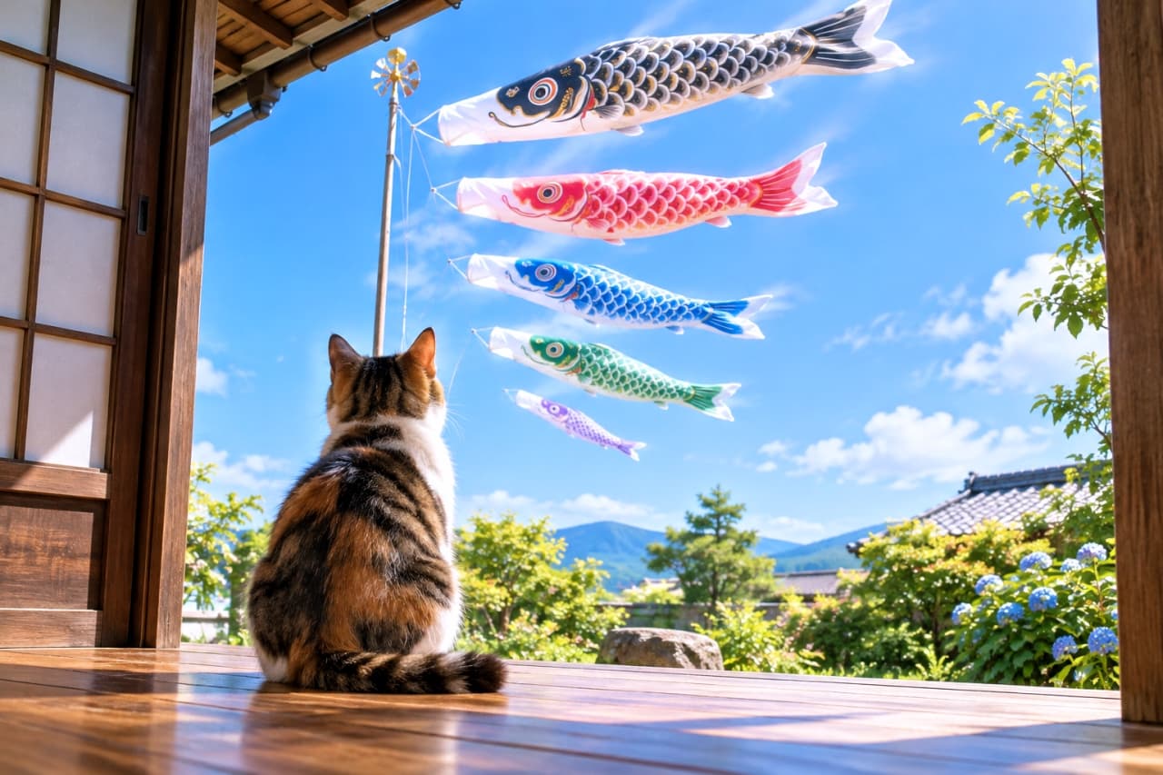 「青空をお魚がスイスイ泳ぐニャ🎏✨縁側から眺める初夏の爽やかな風に、心がすーっとほどけていきますね🐾🌿」Ultra-realistic high-quality photograph of a calico tabby cat seen from behind, sitting on a traditional Japanese wooden engawa porch and looking up at five colorful koinobori carp streamers swimming in a clear early-summer blue sky, with blue hydrangeas and green mountains in the background. 初夏の青空が広がる日本家屋の木製縁側に座り、空を泳ぐ鯉のぼりを見上げる日本猫風のキジ三毛猫の後ろ姿。背中の緻密な縞模様と柔らかな毛並みが自然光に照らされ、黒・赤・青・緑・紫の5匹の鯉のぼりと庭の青い紫陽花が、爽やかで穏やかな季節の情景を美しく描き出す