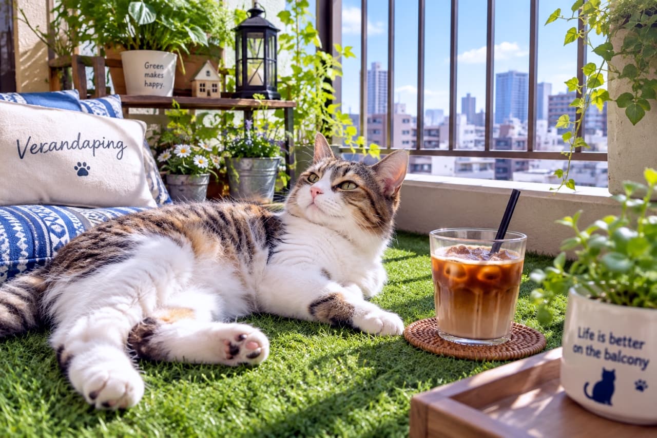 「今日はおうちベランダで特等席カフェ時間ニャ☕️🌿ぽかぽか日差しと緑に囲まれて、至福の休日だね🐾☀️」Ultra-realistic high-quality photograph of a relaxed tabby-and-white cat lounging on artificial green grass on a sunny apartment balcony, looking upward with clear olive-green eyes beside an iced latte, potted plants, and an urban city view. 明るい初夏の陽光が降り注ぐマンションのベランダで、柔らかな人工芝の上に心地よさそうに横たわる日本猫風のキジ白猫。ふっくらとした白い胸元と茶黒の美しい縞模様、澄んだオリーブグリーンの瞳で穏やかに空を見上げる。傍らに置かれた二層仕立てのアイスカフェラテや観葉植物、遠くの街並みが、開放感あふれるベランピングの優雅な寛ぎを鮮明に描き出す情景