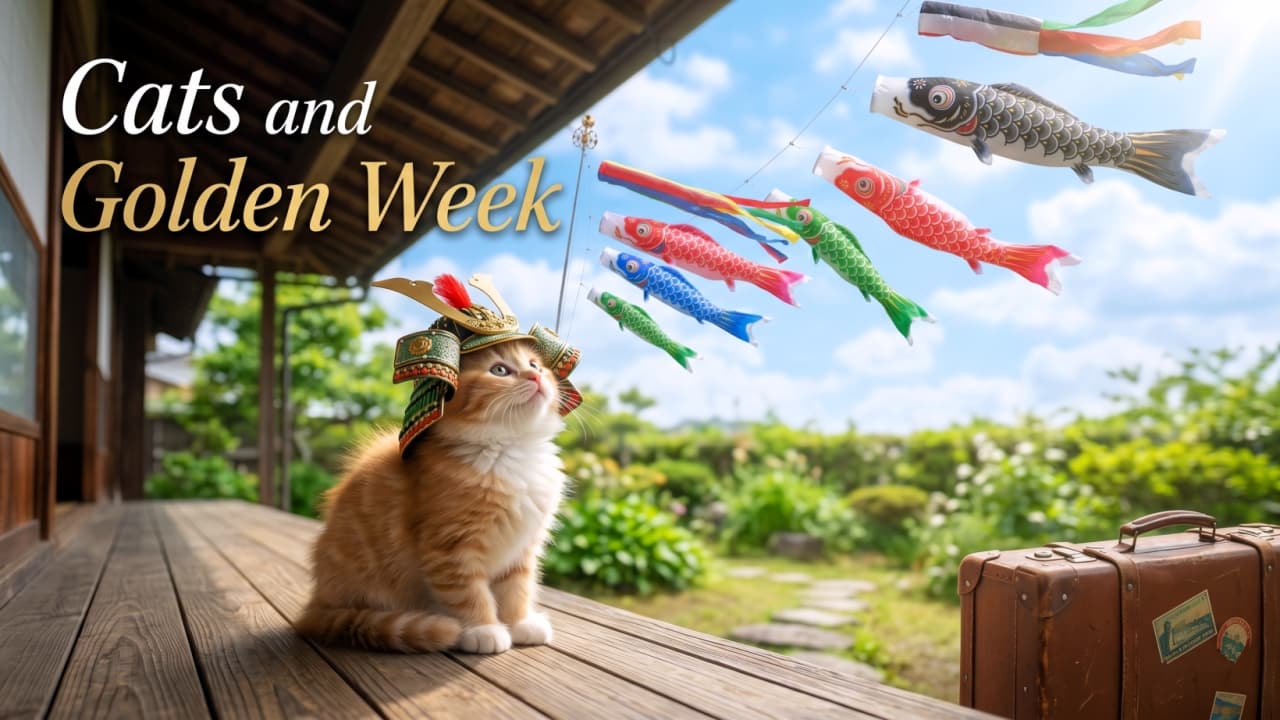 「もうすぐゴールデンウィーク！🎏✨ 小さな兜をかぶって鯉のぼりを見上げる子猫ちゃんと一緒に、初夏のワクワクする旅へ出発ニャ🧳🐈🐾 #ゴールデンウィーク #こどもの日 #猫とお出かけ」Ultra-realistic high-quality wide banner image featuring a fluffy orange and white kitten wearing a small samurai helmet (Kabuto) sitting on a wooden porch. The kitten is looking up at colorful carp streamers (Koinobori) flying in a bright blue sky. A vintage travel suitcase is in the corner, and the text "Cats and Golden Week" is displayed on the top left. 「Cats and Golden Week」のタイポグラフィが左上に配置されたバナー画像。青空を泳ぐ色鮮やかな鯉のぼりを見上げる、小さな兜を被った茶白のふわふわな子猫。伝統的な日本の家屋の縁側にお座りしており、右下には旅行用のトランクが置かれている。初夏の爽やかな空気感が伝わる横長の高画質写真