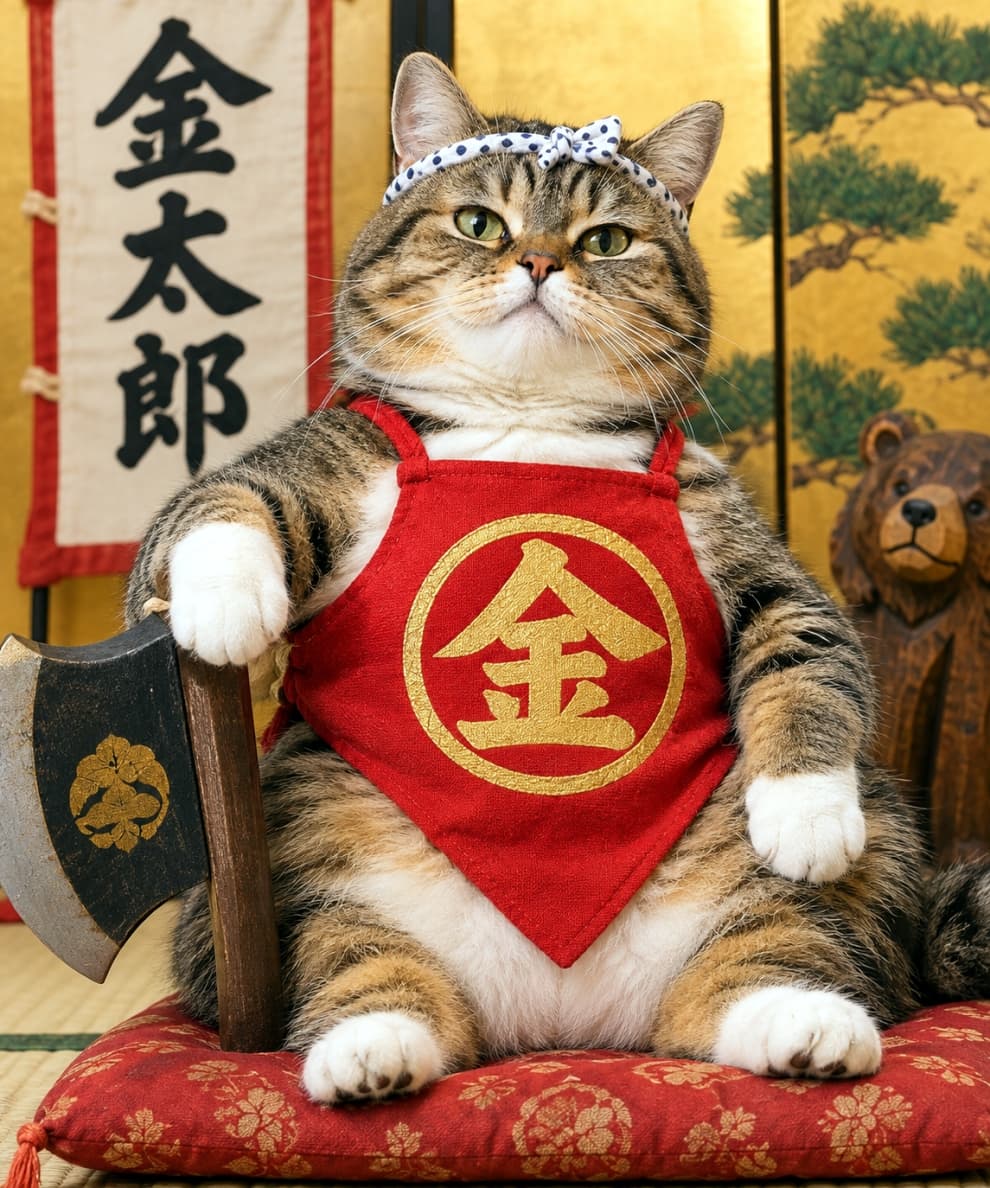 「我が名は金太郎ニャ!🪓🐾どっしり構えた圧倒的な貫禄と愛らしい佇まいに、頼もしさと元気が湧いてきますね✨」Ultra-realistic high-quality photograph of a chubby tabby-and-white cat in a Kintaro costume, sitting like a proud boss on a red brocade cushion under studio lighting. Wearing a traditional red apron with a golden kanji and a polka-dot headband, resting its white paw on a miniature axe before a gold screen, hanging scroll, and wooden bear. 金屏風と「金太郎」の掛け軸を背に、赤い「金」文字の前掛けと水玉模様のねじり鉢巻を締めて豪華な赤い座布団に堂々と座る日本猫風のぽっちゃりキジ白猫。茶と黒の豊かな縞模様と白い胸元の毛並み、琥珀がかったオリーブの瞳で上を見据え、右前足を添えた家紋入りのまさかりや木彫りの熊が、端午の節句の勇ましくおめでたい世界観をスタジオ照明で鮮明に映し出す情景