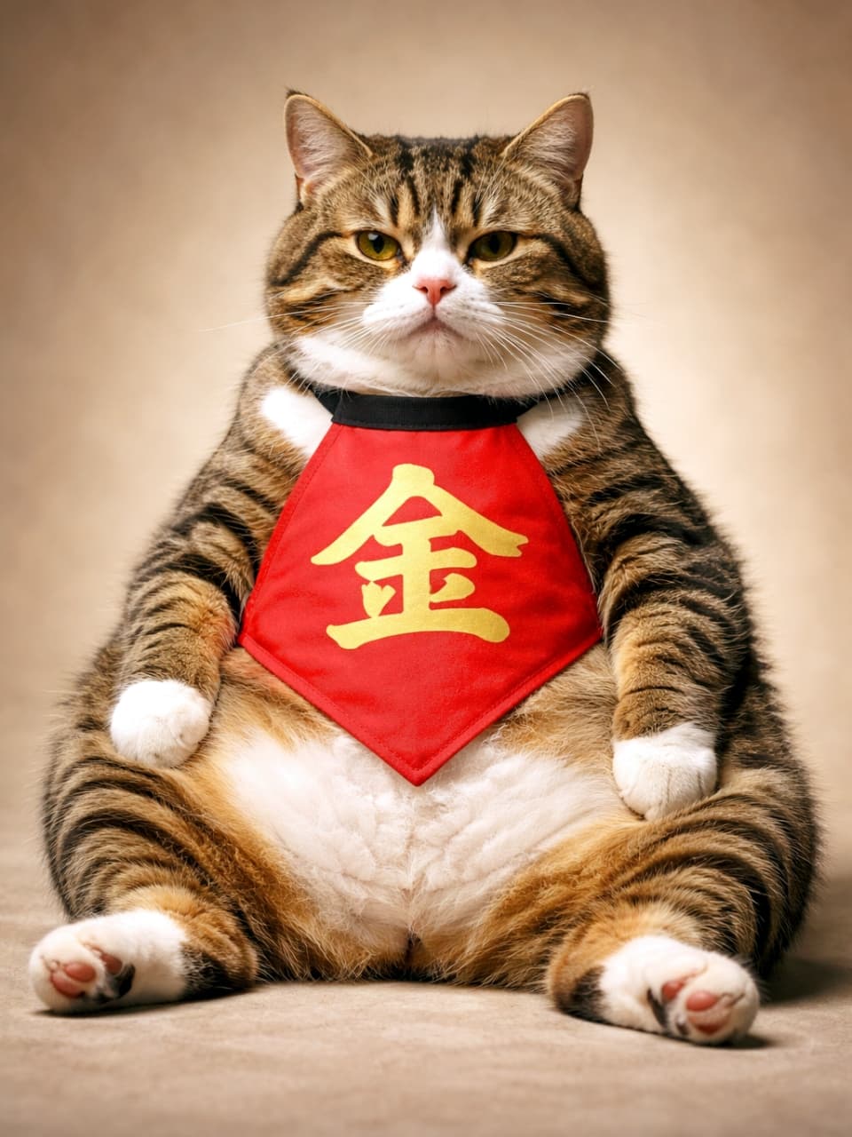 「どすこい！金太郎猫ちゃん推参💪「金」の前掛けが似合いすぎにゃ🐾✨インパクト抜群の癒やしをお届けにゃ！」Ultra-realistic high-quality photograph of a plump, chubby tabby cat sitting with its legs spread wide, wearing a red Kintaro-style bib with a large golden Chinese character "金" (Gold) embroidered on it. It stares directly at the camera with a neutral expression. ふくよかでまるまるとしたキジトラ猫が、胸に大きな金の「金」文字が刺繍された赤い金太郎スタイルの腹掛け（前掛け）を着用し、足を広げて無防備に座っている。カメラをじっと見つめている。背景はプレーンな茶色