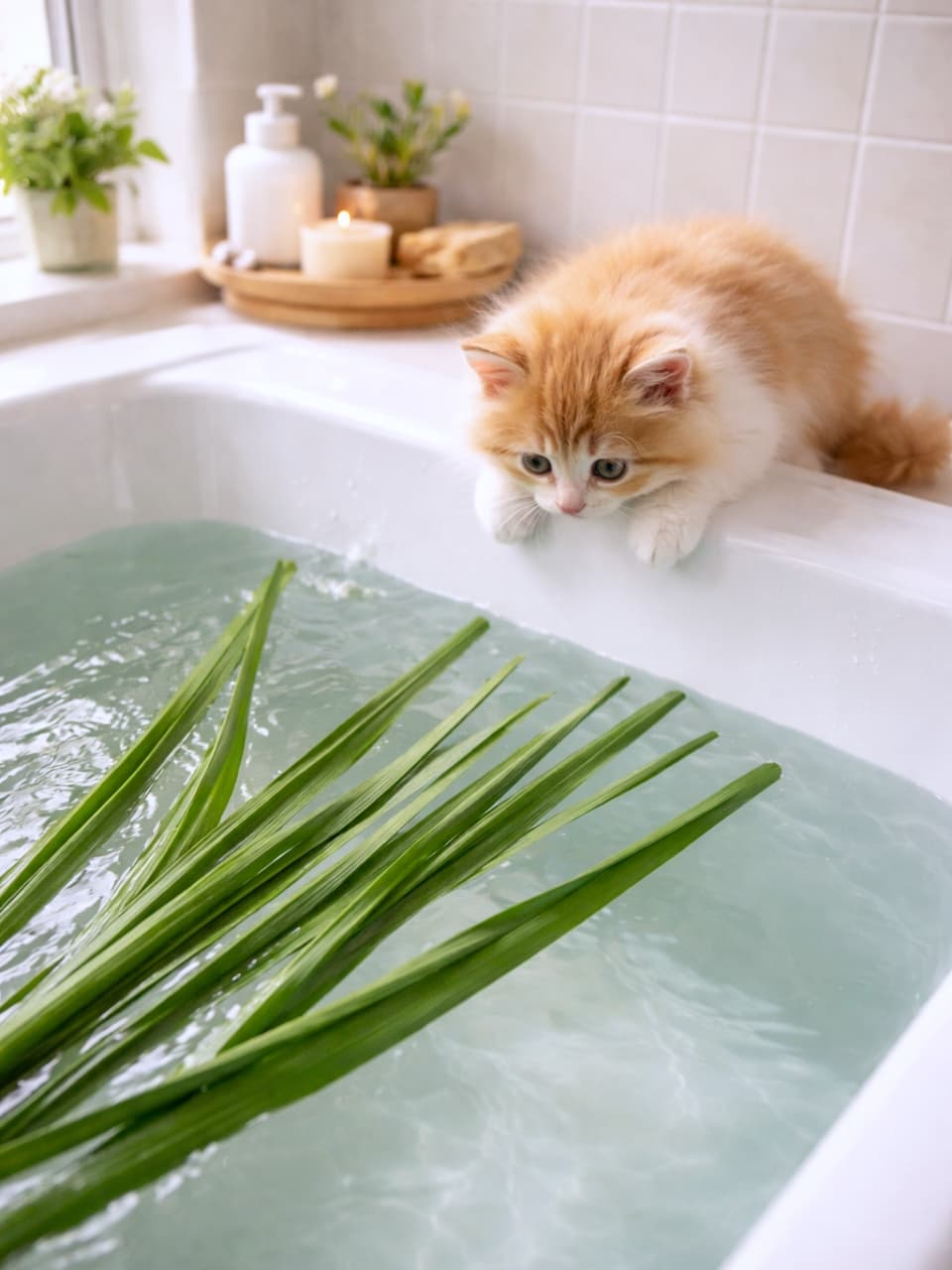 「クンクン…お風呂に浮かぶこの草はなににゃ？🌿 菖蒲湯を不思議そうに見つめる子猫ちゃんの表情に癒やされるにゃ♨️✨」Ultra-realistic high-quality photograph of a cream and white tabby kitten leaning over the edge of a white bathtub, peering curiously at several long green sweet flag (iris) leaves floating in the water. Planted pot and a candle are on the shelf in the background. 白い浴槽の縁にクリーム色のキジトラ白の子猫が身を乗り出し、水面に浮かんでいる数本の緑色の長い菖蒲の葉を覗き込んでいる様子。浴槽の向こうの棚には、観葉植物とキャンドルが飾られている
