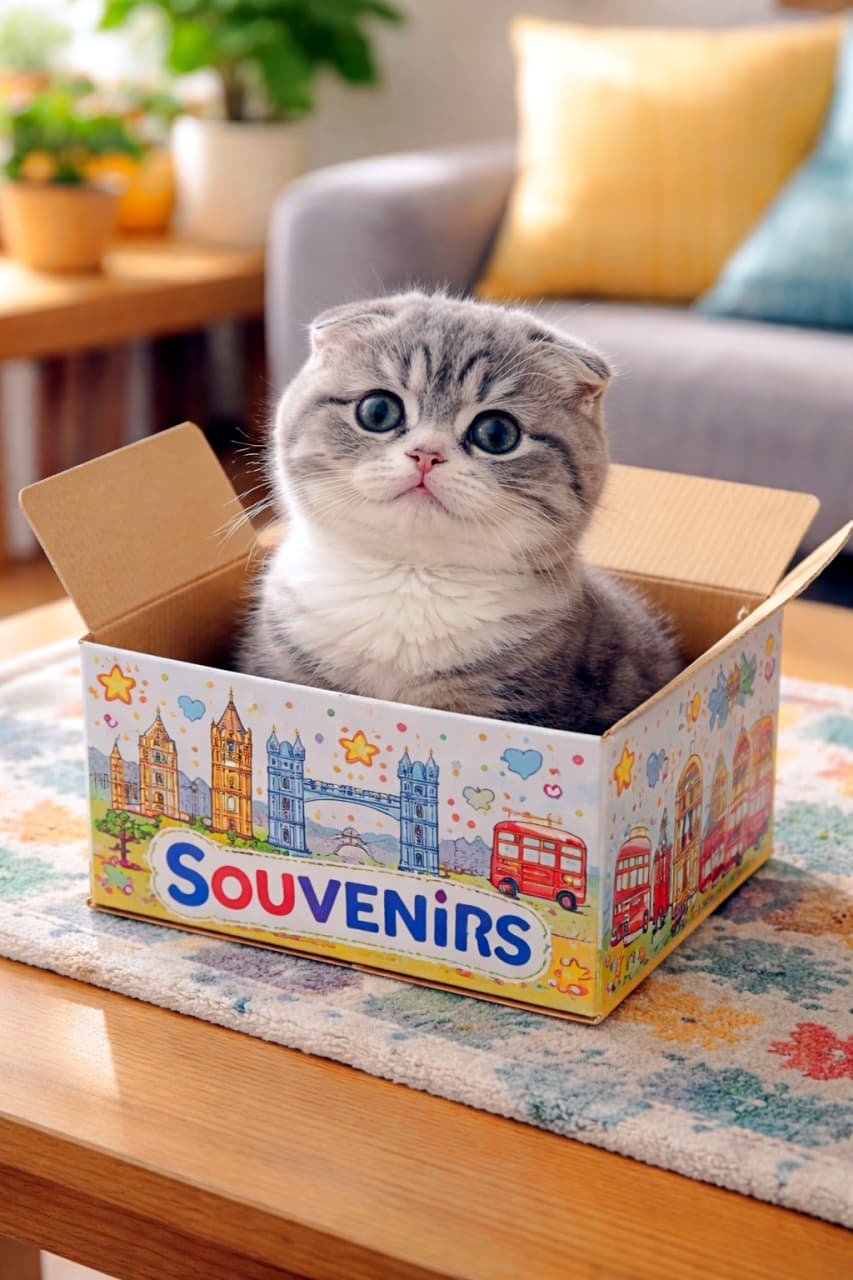 「ロンドン土産は可愛い子猫ちゃん！？🇬🇧📦箱にすっぽり収まったウルウルの瞳にキュン死確定です😍💘」Ultra-realistic high-quality photograph of a silver tabby Scottish Fold kitten fitting snugly inside a small paper box with "SOUVENIRS" written on it and illustrations of London. It is staring intently at the camera with its round face. ロンドンの街並みが描かれた「SOUVENIRS」という文字入りの小さな紙箱の中にすっぽりと収まっている、シルバータビーのスコティッシュフォールドの子猫。丸い顔でこちらをじっと見つめている、リアルで高画質な写真