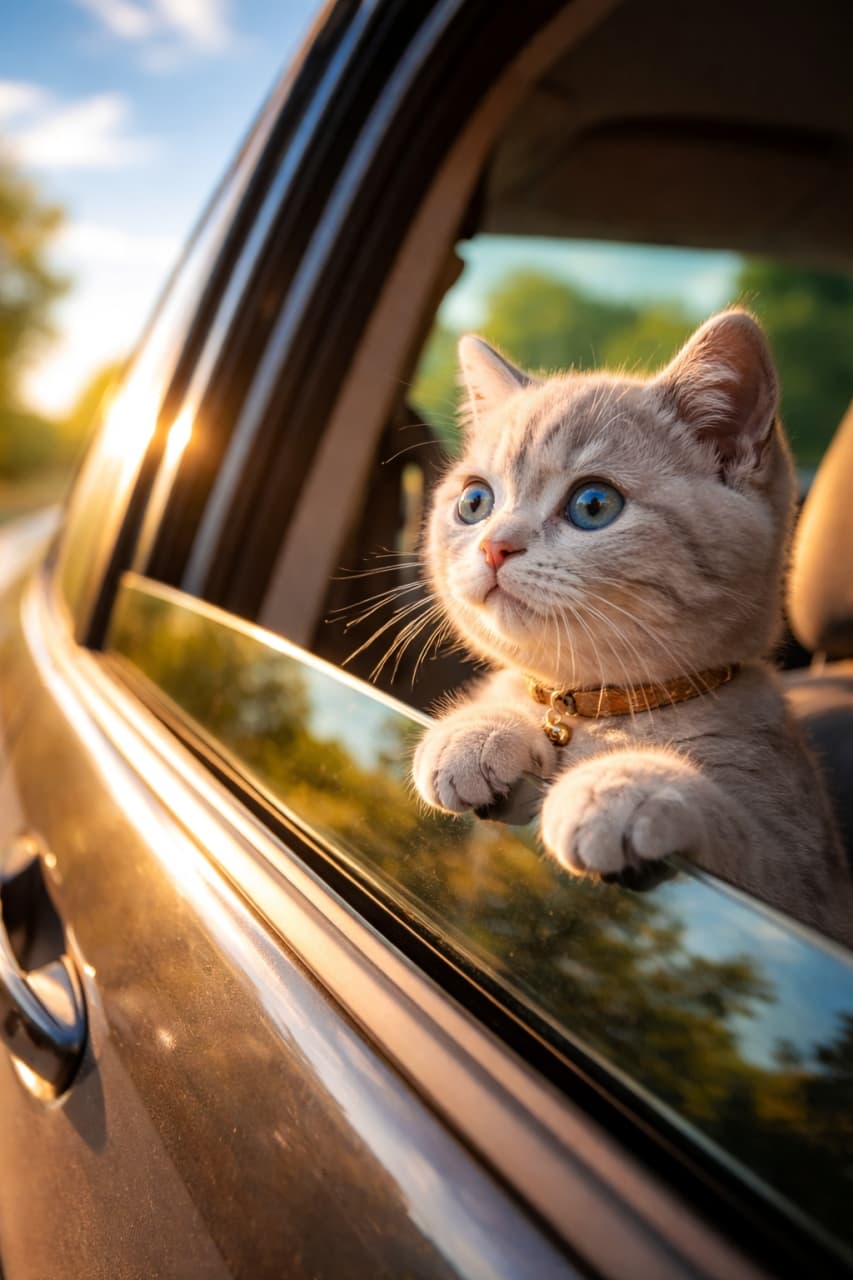 「ドライブたのしいニャ〜🚗💨 窓の外の景色に釘付けな子猫ちゃんの横顔が、まるで映画のワンシーンみたい🎬✨」Ultra-realistic high-quality photograph of a fluffy grey kitten resting its paws on a car window, looking out at the beautiful scenery bathed in golden sunset light. 夕暮れ時の美しい黄金色の光を浴びながら、車の窓枠に前足を乗せて外の景色をキラキラとした瞳で見つめるグレーの子猫