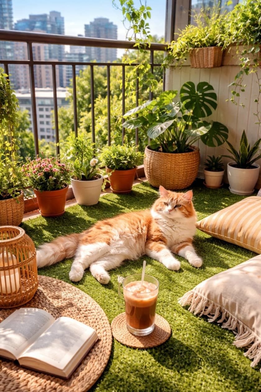 「都会の喧騒を忘れて…🏙️🌿緑いっぱいのバルコニーで、猫ちゃんと一緒にまったり読書＆カフェタイム☕️🐾」Ultra-realistic high-quality photograph of a fluffy orange and white cat lounging on a sunny balcony decorated with artificial grass, potted plants, a book, and iced coffee, with a city skyline in the background. 都会のビル群を望む緑豊かなバルコニーで、人工芝の上に寝そべる長毛の茶白猫。手前にはアイスコーヒーと開いた本、周囲にはたくさんの観葉植物やクッションが配置されている