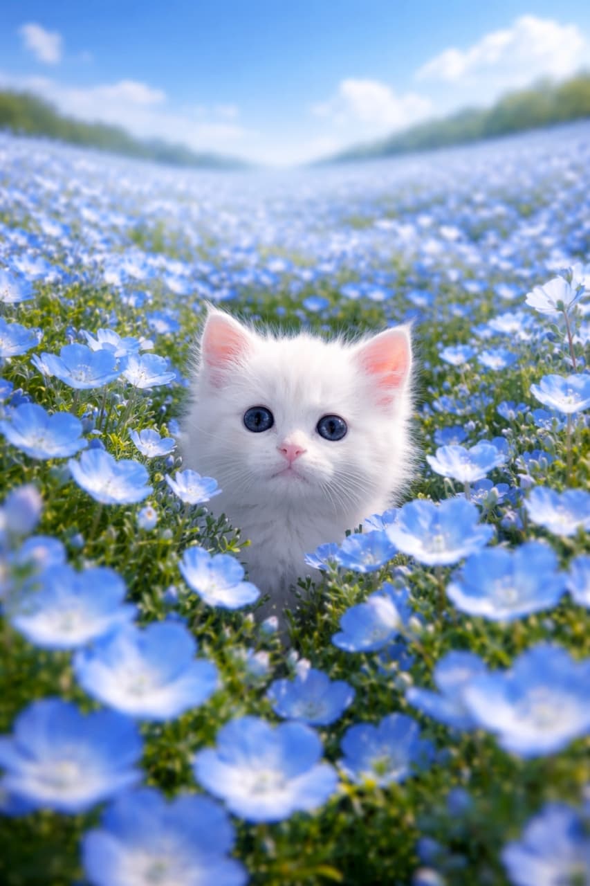「どこまでも続く青い花畑の中に、ぽつんと白い子猫ちゃん。まるでファンタジーの世界💎✨」Ultra-realistic high-quality photograph of a small, fluffy white kitten sitting in the middle of a vast, sweeping field of blue nemophila flowers. The kitten is looking up with large blue eyes. The distant background shows a rolling hill and blue sky with clouds. 見渡す限りの青いネモフィラの花畑の中に、小さな白いふわふわした子猫が座っている。子猫は大きな青い目でカメラを見つめている。遠くには青い空と白い雲が広がり、丘のような地形が見える