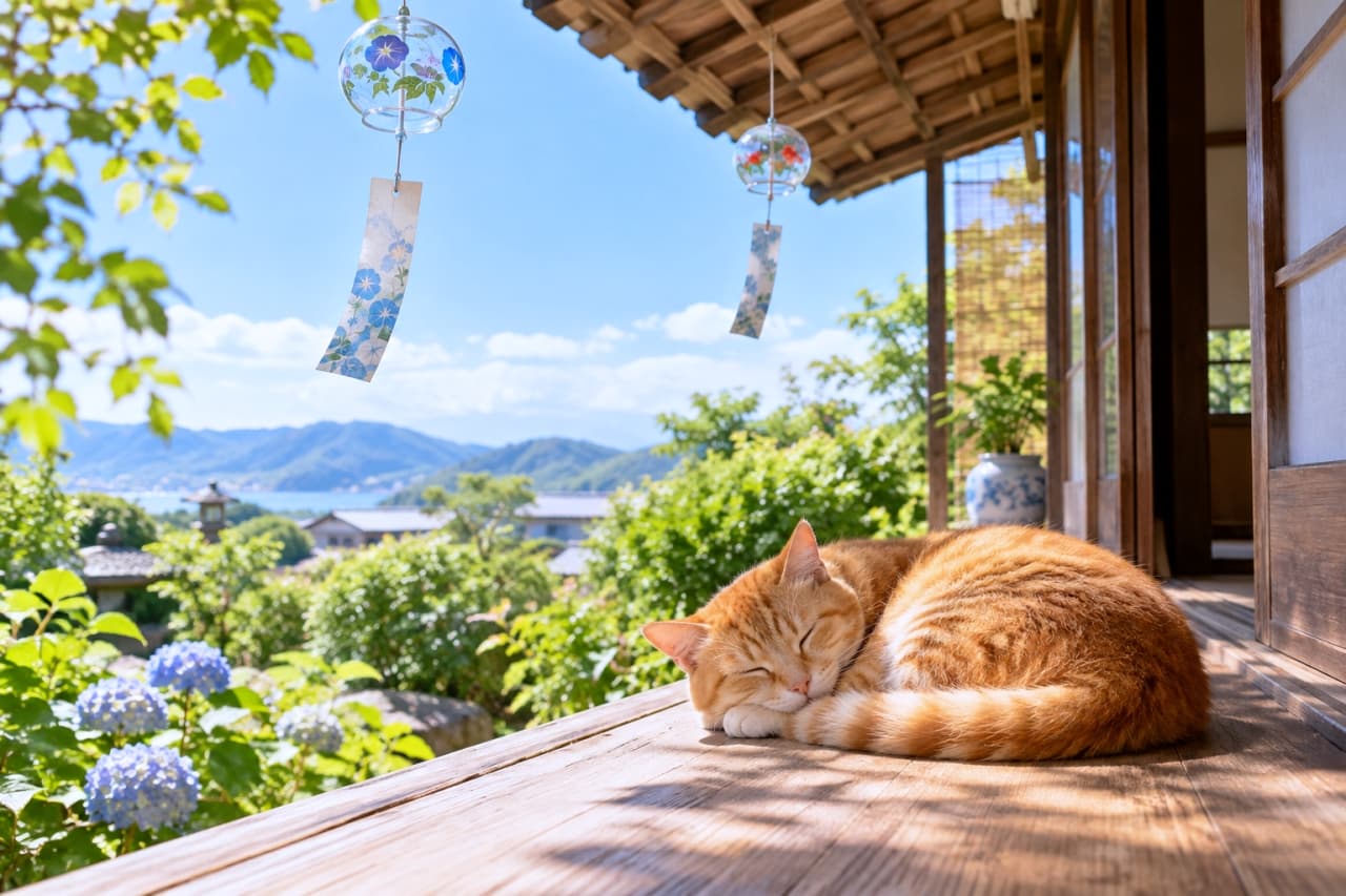 「風鈴の音を聞きながら縁側でお昼寝ニャ🎐☀️心地よい初夏の風に包まれて、心も体もほっとゆるみますね🐾🌿」Ultra-realistic high-quality photograph of a ginger tabby cat curled up and sleeping peacefully on a traditional Japanese wooden engawa porch, under delicate glass wind chimes swaying in the early-summer breeze, with blooming blue hydrangeas and a scenic vista of mountains and sea under a sunny blue sky. 初夏の爽やかな木漏れ日が差す日本家屋の木製縁側で、体を丸めて穏やかに目を閉じて眠る日本猫風の茶トラ猫。温かみのある鮮やかなオレンジの縞模様と柔らかな毛並みを持ち、軒先に揺れる朝顔柄のガラス風鈴や庭の青い紫陽花、遠くに広がる青空と海・山並みが、日本の伝統美と長閑な休日の安らぎを鮮明に描き出す情景