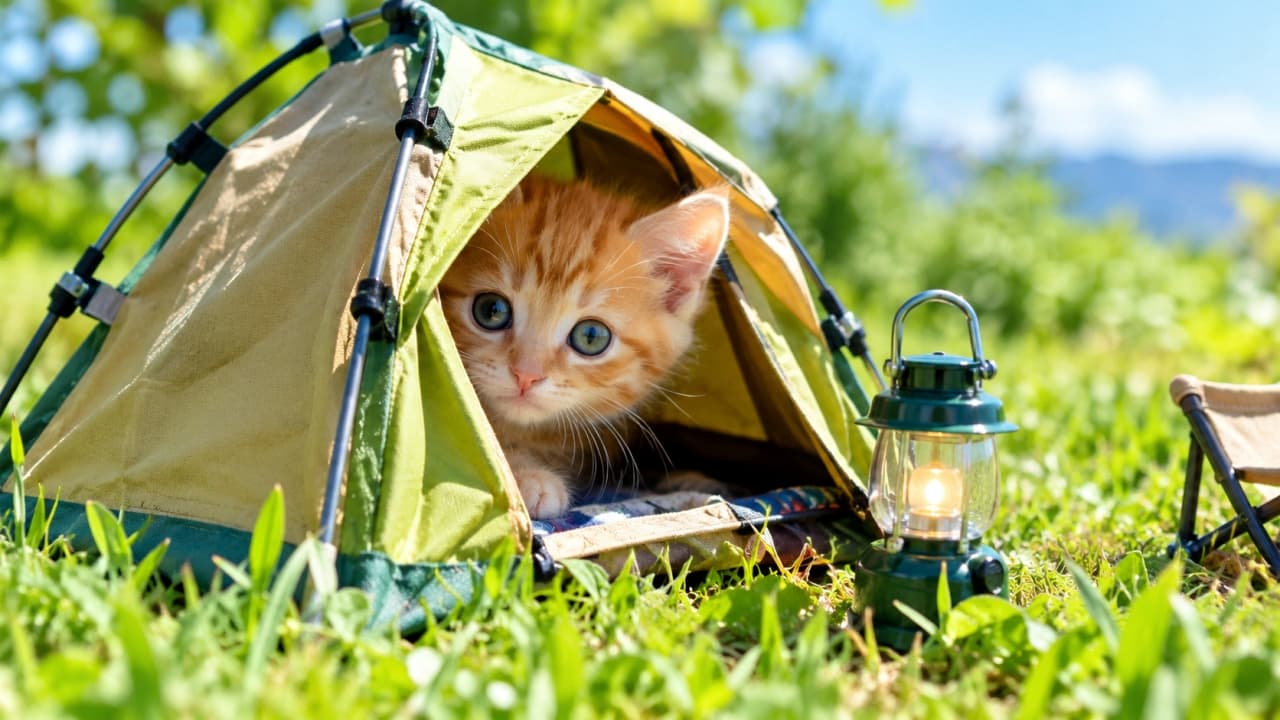 「テントからひょっこりニャ🏕️小さなランタンを灯して、自然の中で楽しむプチ冒険に心が躍りますね🐾🌿」Ultra-realistic high-quality photograph of a tiny ginger tabby kitten peeking out of a green miniature camping tent on a sunny lawn, gazing with clear blue-grey eyes under bright daylight next to a small glowing camping lantern in an outdoor nature setting. 晴れ渡る青空と芝生が広がる屋外で、黄緑色のミニチュアキャンプテントから顔を覗かせる茶トラの短毛子猫。澄んだ青灰色の丸い瞳でじっと前方を見つめ、柔らかなオレンジの縞模様が爽やかな陽光に映える。テント脇の小さな灯りの灯るランタンが、自然の心地よい開放感と愛らしい冒険気分を鮮明に描き出す情景