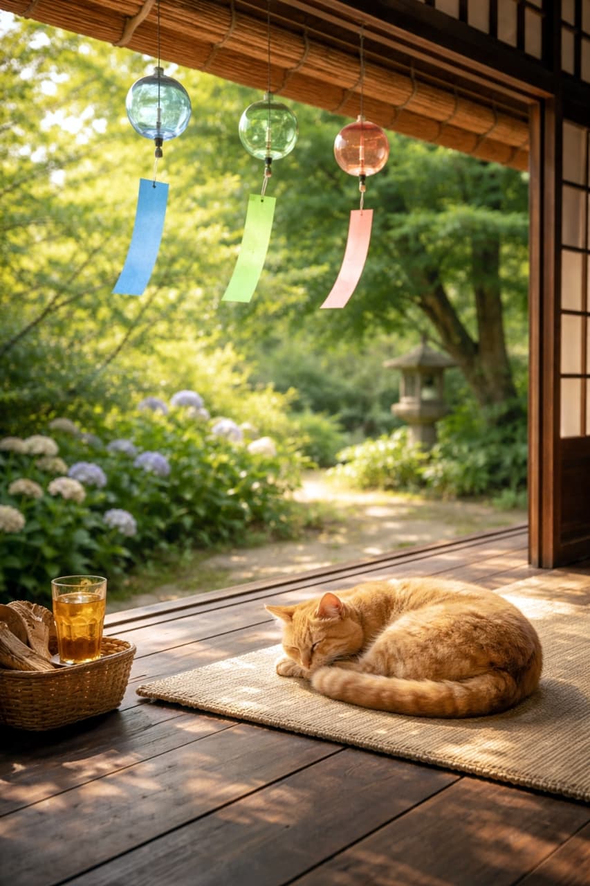 「縁側でスヤスヤお昼寝💤 風鈴の音色と初夏の風を感じる茶トラさん。心安らぐ日本の美しい夏休みです🎐🐈✨」An ultra-realistic high-quality photograph of a ginger cat curled up and sleeping peacefully on a woven mat on a traditional Japanese wooden porch (engawa). Three colorful glass wind chimes hang above, catching the gentle early summer breeze. A cold summer drink sits nearby, with a lush green garden blooming with hydrangeas in the background, perfectly capturing a peaceful holiday concept. 初夏の風が吹き抜ける伝統的な日本家屋の縁側で、ゴザの上に丸くなって眠る茶トラ猫の超高画質な写真。上部には青、緑、ピンクの3つのガラス風鈴が吊るされ、涼しげな影を落としている。傍らには冷たいお茶の入ったグラスが置かれ、背景には紫陽花が咲く緑豊かな庭園が広がっている。心安らぐ日本の穏やかな休日の情景