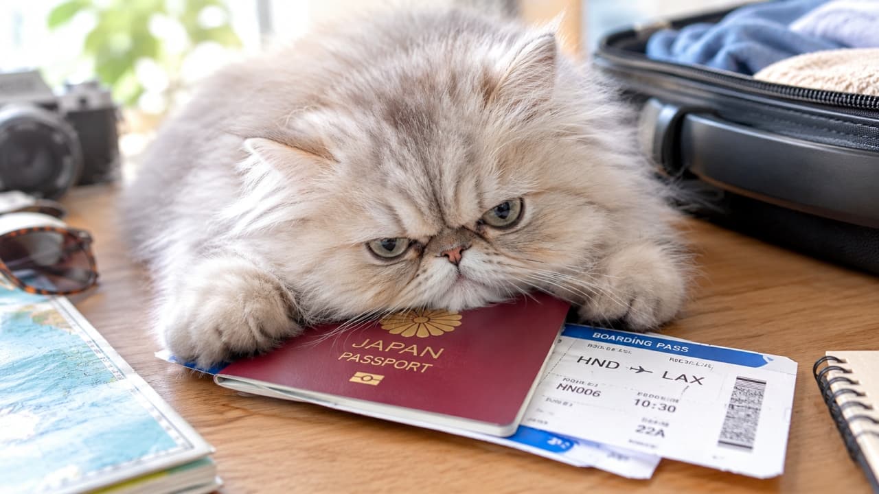 「どこにも行かせニャい!🧳✈️パスポートをしっかりブロックするむすっと顔に、思わず予定を変更したくなりますね🐾🥺」Ultra-realistic high-quality photograph of a grumpy-faced long-haired Persian kitten laying flat across a red Japanese passport and boarding passes on a wooden desk, gazing with expressive hazel eyes under soft natural window light with an open suitcase in the background. 柔らかな自然光が射す木製デスクの上で、赤い日本国旅券と搭乗券の上にぺったりと顎を乗せて伏せるチンチラペルシャ風の長毛子猫。豊かな淡いグレーの被毛に包まれ、むすっとした口元と少し不満げなヘーゼルの瞳でこちらを見つめる。背景のスーツケースやカメラが、旅支度を阻止する愛らしい日常の一幕を鮮明に物語る情景