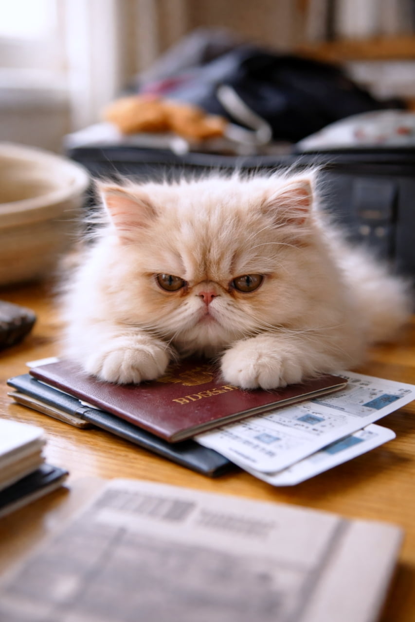 「「ボクを置いていくニャ…？」😿 パスポートを死守する不機嫌なお顔がたまらなく愛おしい〜！🧳」Ultra-realistic high-quality photograph of a fluffy cream-colored kitten resting its paws on a passport and travel tickets with a slightly grumpy expression, with travel luggage blurred in the background. 木製のテーブルの上に置かれたパスポートとチケットの上に両前足を乗せ、少し不機嫌そうな表情でこちらを見つめる長毛のクリーム色の子猫。背景には旅行用の黒いバッグがぼやけているv