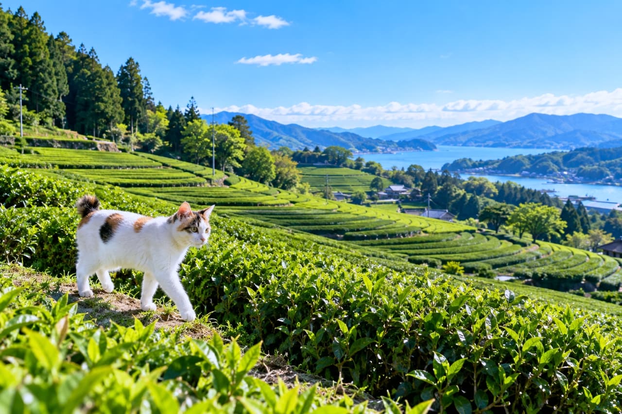 「新茶の香りに誘われてお散歩中ニャ🍃☀️青空と緑の茶畑を歩く姿に、爽快な元気をもらえますね🐾🍵」Ultra-realistic high-quality photograph of an elegant Japanese Bobtail calico cat with a short pom-pom tail, walking gracefully through a lush green terraced tea plantation overlooking a sparkling blue bay and mountains under clear, cinematic early-summer sunlight. 初夏の澄み渡る青空と海を望む広大な段々茶畑で、新緑の畝を軽やかに歩くジャパニーズボブテイルの三毛猫。短いポンポン尾と白地に茶黒の斑模様を持つ滑らかな毛並みに、好奇心に満ちた琥珀色の瞳を輝かせる。瑞々しい茶葉を照らす爽やかな日差しが、日本の美しい農村風景と優雅な足取りを鮮やかに描き出す情景