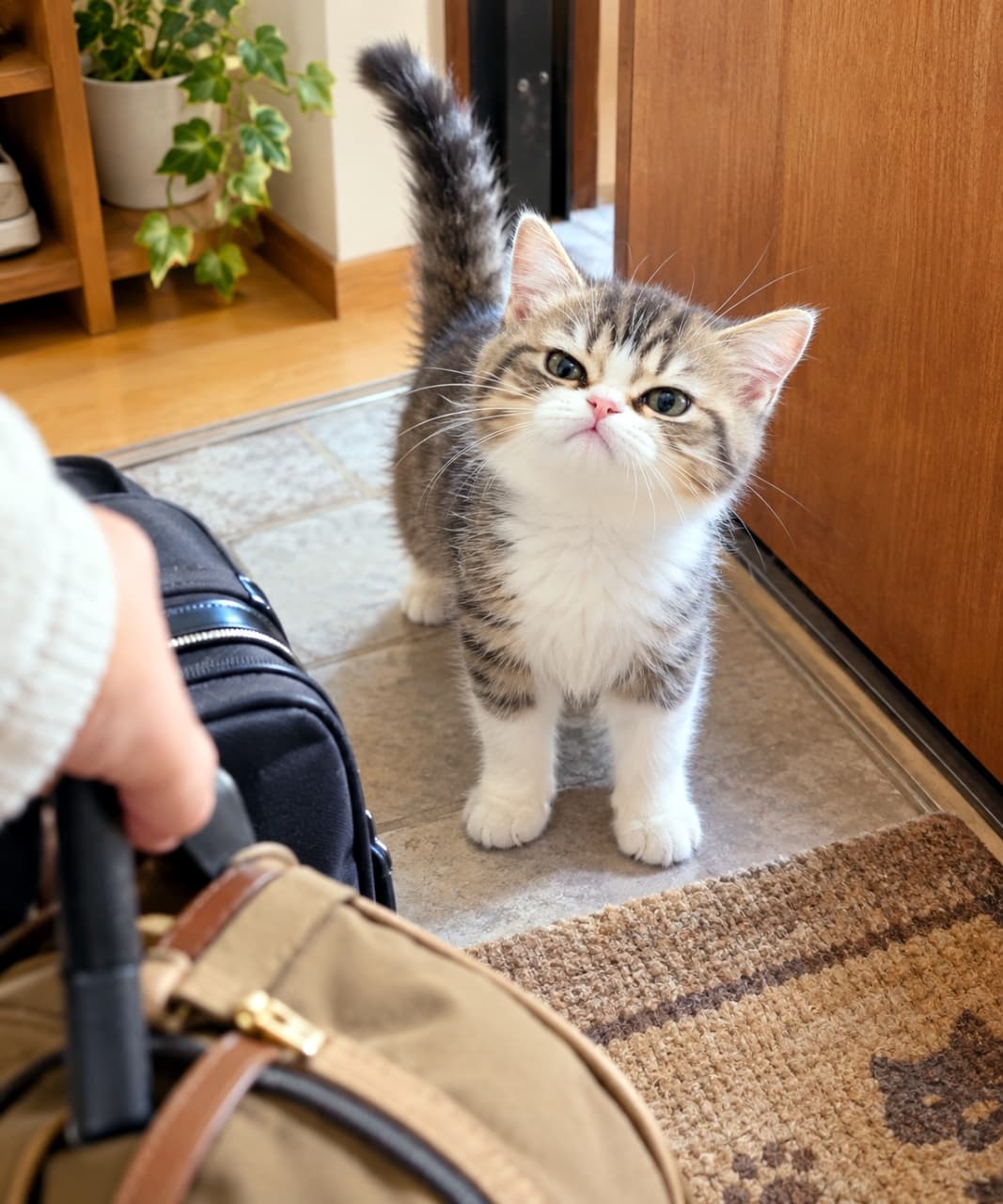 「遅いニャ!どこ行ってたの?🧳😾お留守番に拗ねてお説教してくる姿に、旅の疲れも一瞬で吹き飛びますね🐾✨」Ultra-realistic high-quality photograph of a slightly grumpy tabby-and-white kitten standing at the front door with its tail straight up, looking up with a pouty expression at the owner returning with travel luggage, captured in warm, bright indoor lighting. 玄関のたたきに立ち、しっぽをピンと立てて旅行バッグを持つ飼い主を見上げるエキゾチックショートヘア風のキジ白子猫。茶と黒の緻密な縞模様とふっくらとした白い胸元、少し拗ねたように口元をへの字に結んだ表情と澄んだ瞳を持つ。手前のスーツケースや背景の木製ドア、明るい室内光が、帰宅時の愛猫との再会とお留守番の感情豊かなワンシーンを鮮明に描き出す情景