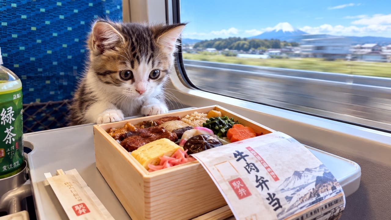 「美味しそうなお弁当に釘付けニャ!🍱🗻富士山を眺める列車旅、お隣に並んで一緒に満喫したいですね🚅✨」Ultra-realistic high-quality photograph of a curious tabby-and-white kitten resting tiny paws on a folding table, looking eagerly at a traditional Ekiben beef bento box inside a bullet train, with Mount Fuji rushing past the sunny window under a bright blue sky. 晴れ渡る青空と富士山が車窓に流れる新幹線の車内で、テーブルに置かれた牛肉弁当をじっと見つめる日本猫風のキジ白子猫。縞模様の柔らかな被毛と白い前足を揃え、澄んだ大きなヘーゼルの瞳を輝かせる。窓辺からの明るい自然光とお茶のボトルが、情緒豊かな鉄道旅のひとときを鮮明に映し出す情景