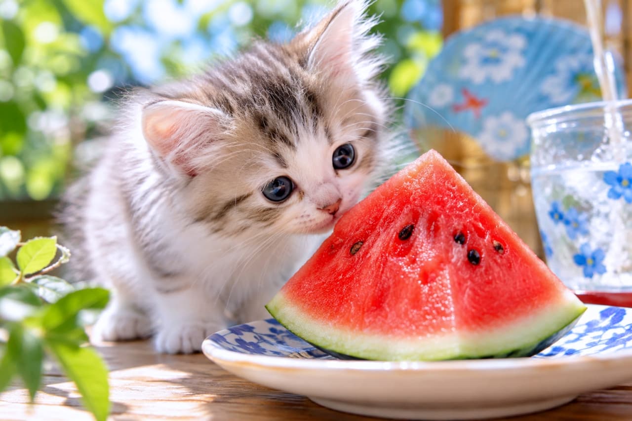 「スイカのいい匂いがするニャ🍉☀️クンクン鼻を近づける無邪気な姿に、夏の訪れが楽しみになりますね🐾🎐」Ultra-realistic high-quality photograph of a fluffy tabby-and-white kitten gently sniffing the tip of a bright red watermelon slice on a blue ceramic plate, illuminated by sparkling sunlight filtering through green foliage, alongside a Japanese summer fan and a chilled glass. 爽やかな木漏れ日が揺れるテーブルで、染付皿に載った鮮やかな赤いスイカの先端に鼻を近づけて匂いを嗅ぐサイベリアン風の長毛キジ白子猫。ふんわりとした柔らかな被毛に澄んだ青灰色の瞳を輝かせ、背景の水色うちわと涼しげなグラスが初夏の訪れを生き生きと伝える情景