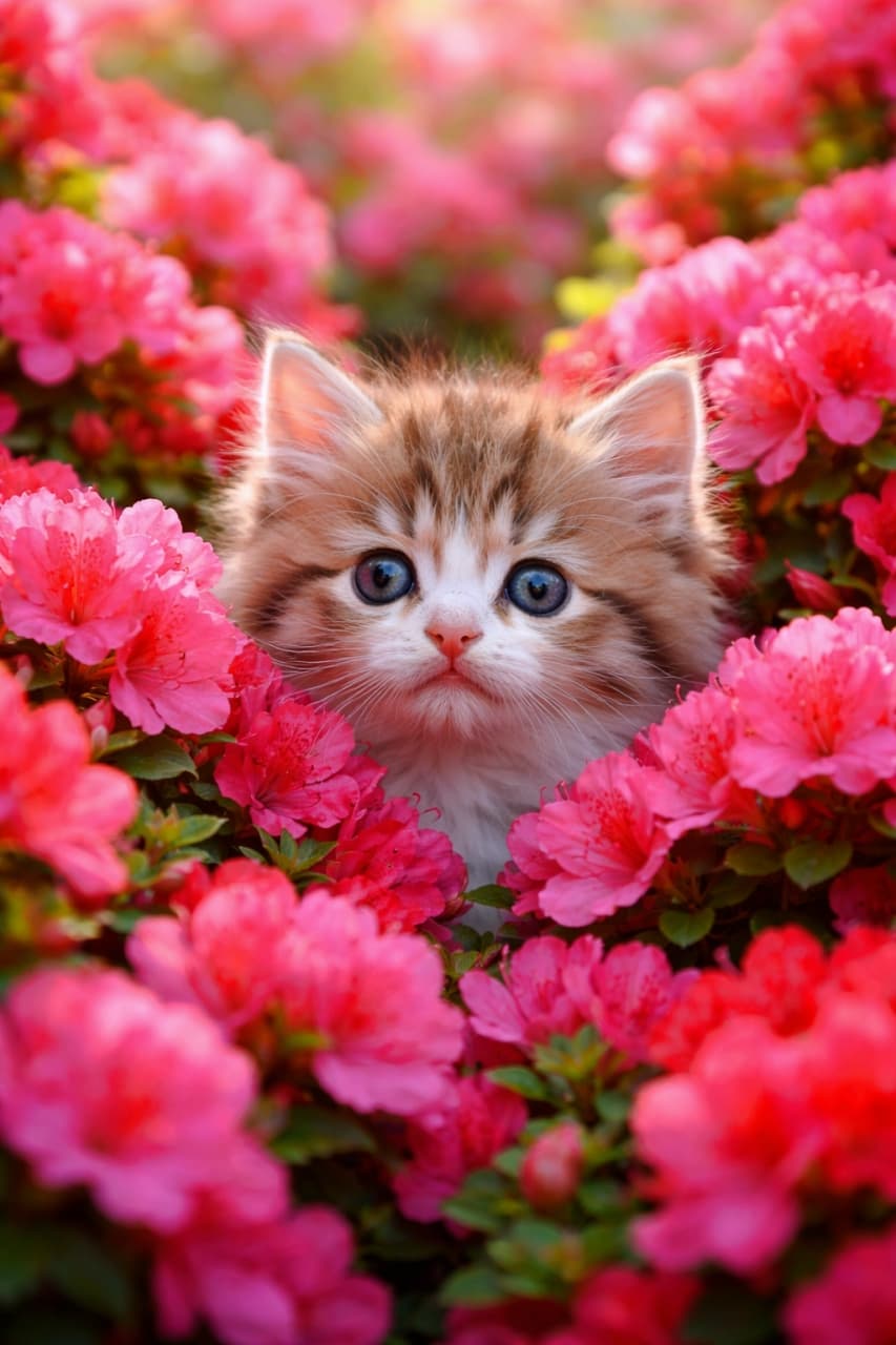 「鮮やかなピンクのツツジに囲まれて、くりくりの青い瞳で見つめる子猫ちゃん🌸 まるで花の精霊みたいにゃ💎✨」Ultra-realistic high-quality photograph of a fluffy, long-haired tabby-and-white kitten nestled among vibrant pink azalea flowers in full bloom. The kitten is looking directly at the camera with large blue eyes. Soft, dreamy natural lighting and bokeh background. 鮮やかなピンク色のツツジの花が満開の低木の中に、ふわふわした長毛のキジ白の子猫が座っている。子猫は大きな青い目でカメラをじっと見つめている。自然光が差し込み、柔らかいボケで表現されている