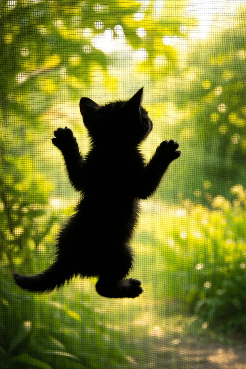 「お外が気になって仕方ないニャ🐾🌳緑の光に浮かび上がる、やんちゃな子猫のシルエットがたまらない🥺✨」Ultra-realistic high-quality photograph showing the cute silhouette of a kitten climbing on a screen door, backlit by a bright and beautifully blurred green nature background. 網戸にしがみついて外を覗こうとしている子猫の愛らしいシルエット。背景は明るい緑色の植物と木漏れ日が美しくボケて広がっている