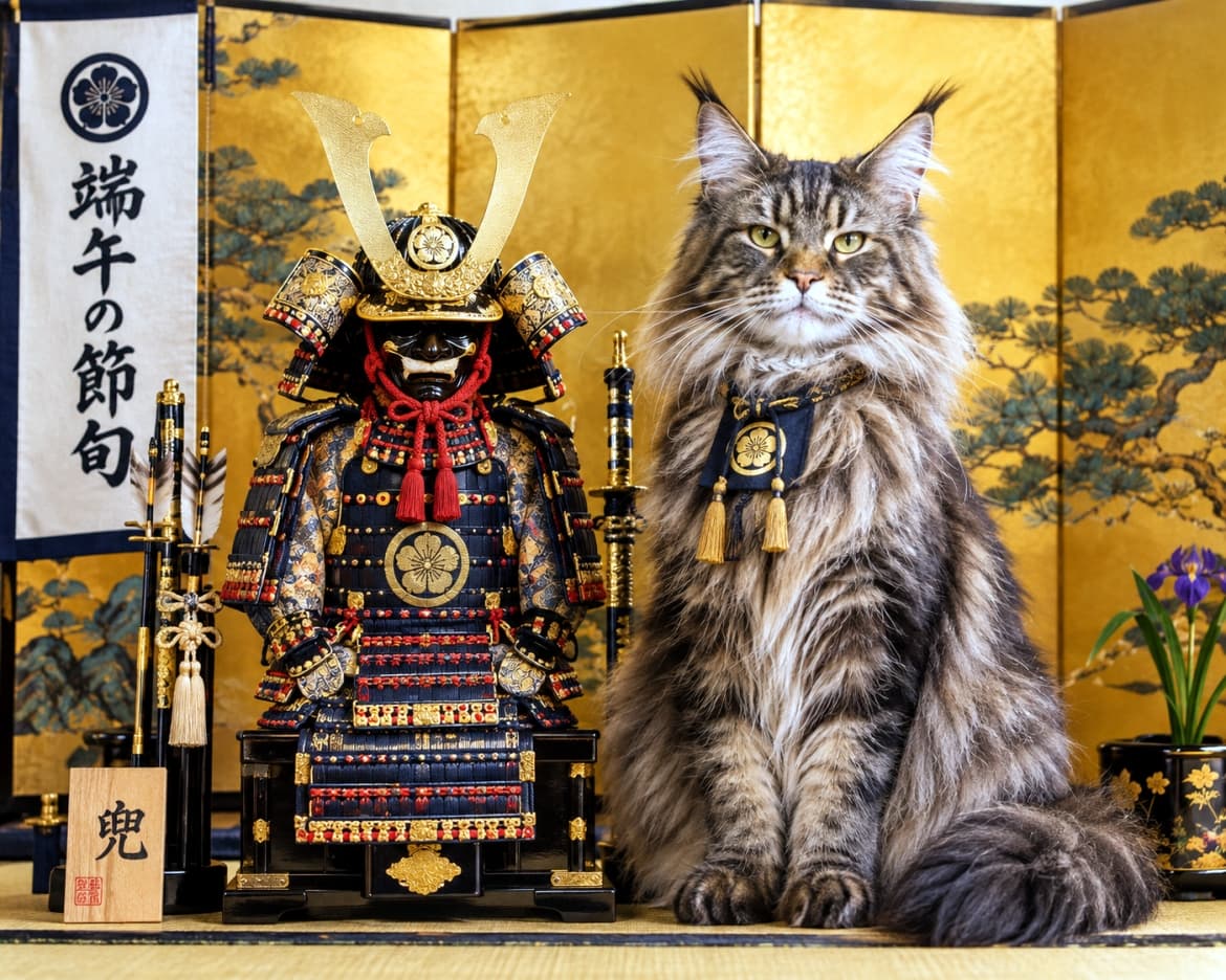「武者鎧に負けない威風堂々ニャ!🎏金の屏風を背にした凛々しい姿に、思わず見惚れて頼もしさを感じますね🐾✨」Ultra-realistic high-quality photograph of a majestic brown tabby Maine Coon cat sitting proudly beside an ornate Japanese samurai armor display on a tatami mat. Adorned with a family crest collar and gazing forward with sharp amber eyes against a golden pine folding screen, traditional Children's Day hanging scroll, and purple iris under elegant lighting. 松の絵が描かれた金屏風と五月人形の武者鎧飾りの横に堂々と座る、大型長毛種のメインクーン。豊かなブラウンタビーの毛並みと耳先のリンクスティップ、威厳ある琥珀色の瞳を持ち、家紋入りの紺の飾り襟を締めて正面を凛と見据える。左側の「端午の節句」の掛け軸や右手の菖蒲の花、畳に広がる上品な光が、荘厳で華やかな日本の伝統美を鮮明に描き出す情景