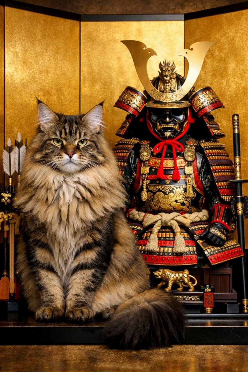 「威風堂々！豪華絢爛な鎧兜と並ぶメインクーン。この威厳、まさに猫界の武将にゃ🐾🏯✨」Ultra-realistic high-quality photograph of a very fluffy Maine Coon cat sitting majestically in front of a golden folding screen. Beside it is a complete set of luxurious Japanese samurai armor (yoroi) decorated with gold, red, and black lacquered plates and a distinctive golden kabuto helmet. A small golden tiger statue, arrows, and a katana are placed in front of the armor. 金屏風を背景に、威厳を持って座る非常に毛深いメインクーン。その隣には、金、赤、黒で装飾された豪華な日本の戦国武将の鎧兜が一式並んでいる。兜には特徴的な金のクワガタ（鍬形）が付き、鎧の前には金の虎の像と矢、刀が配置されている